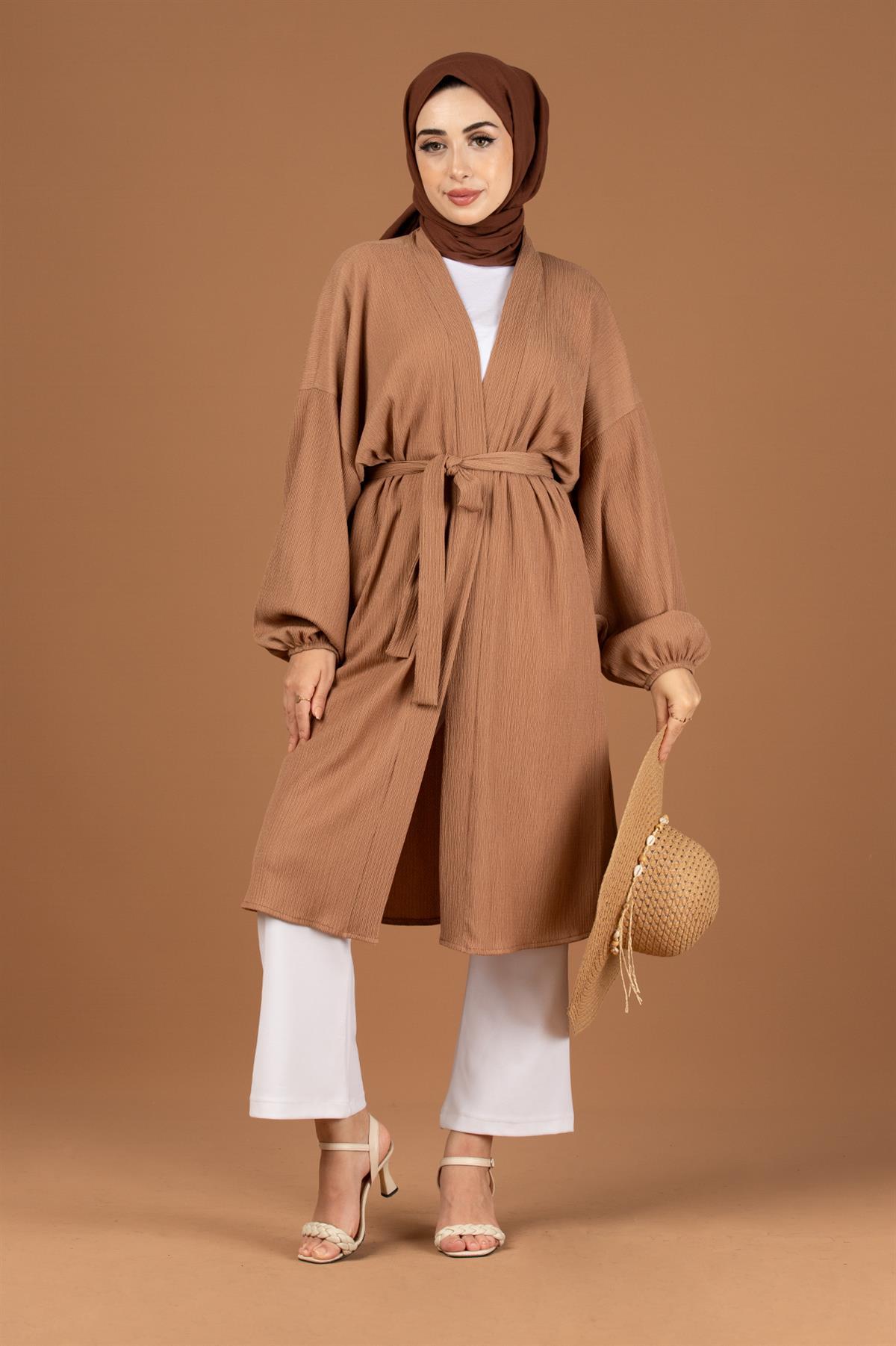 Beli Kemerli Bürümcük Kimono-Vizon