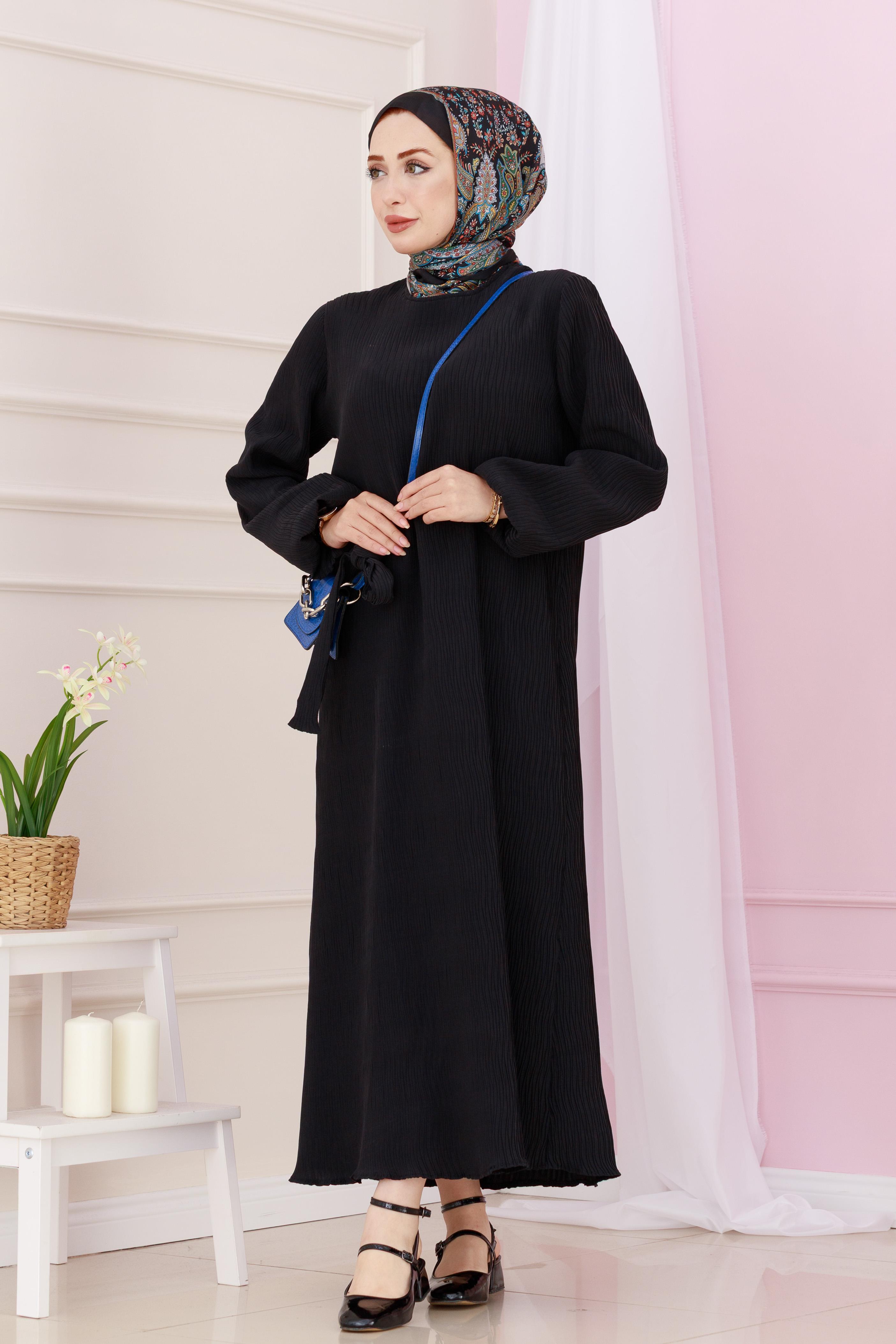 Beli Kuşaklı Luna Tesettür Elbise-Siyah