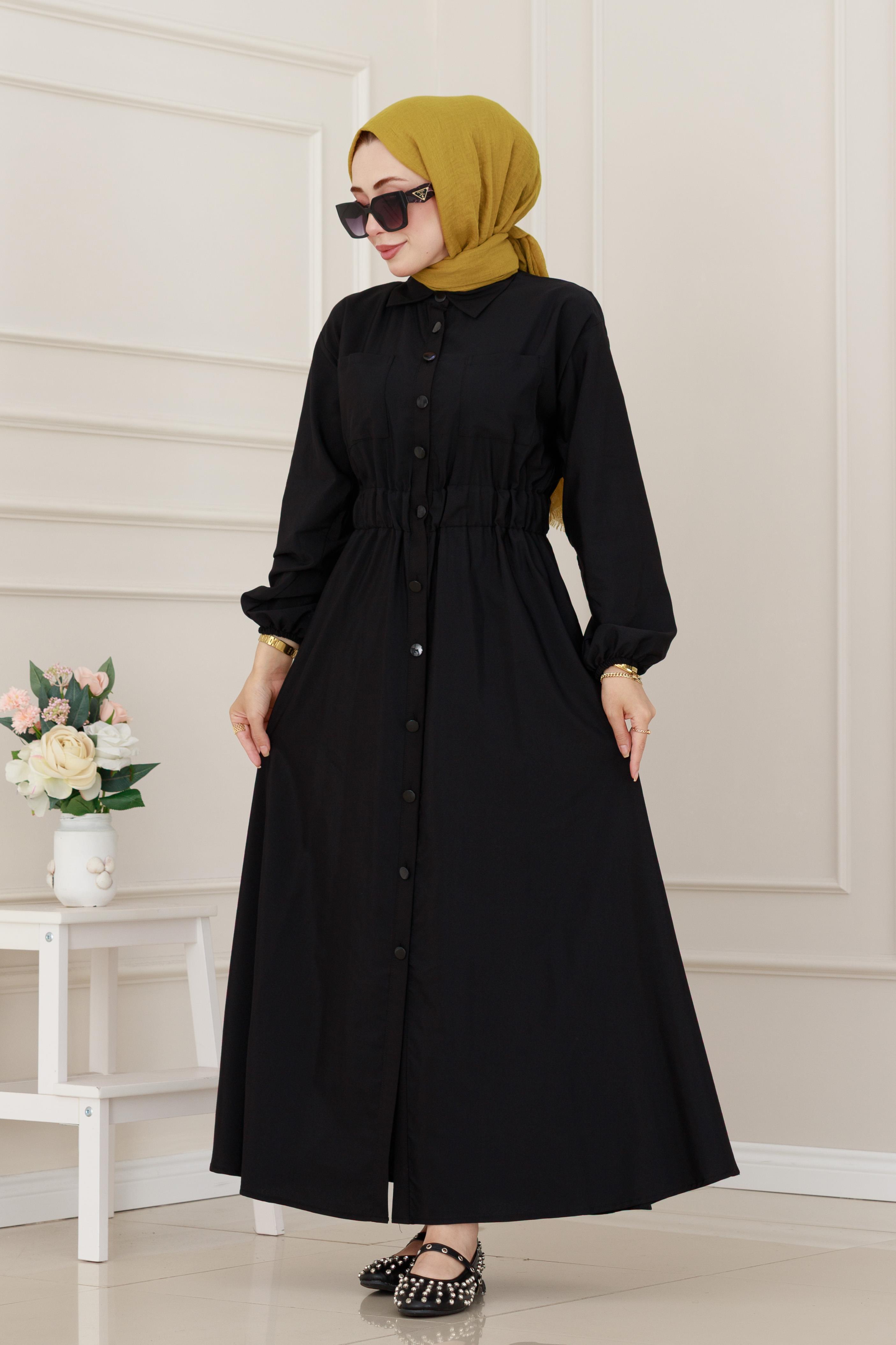 Beli Lastikli Cepli Yasmin Elbise-Siyah