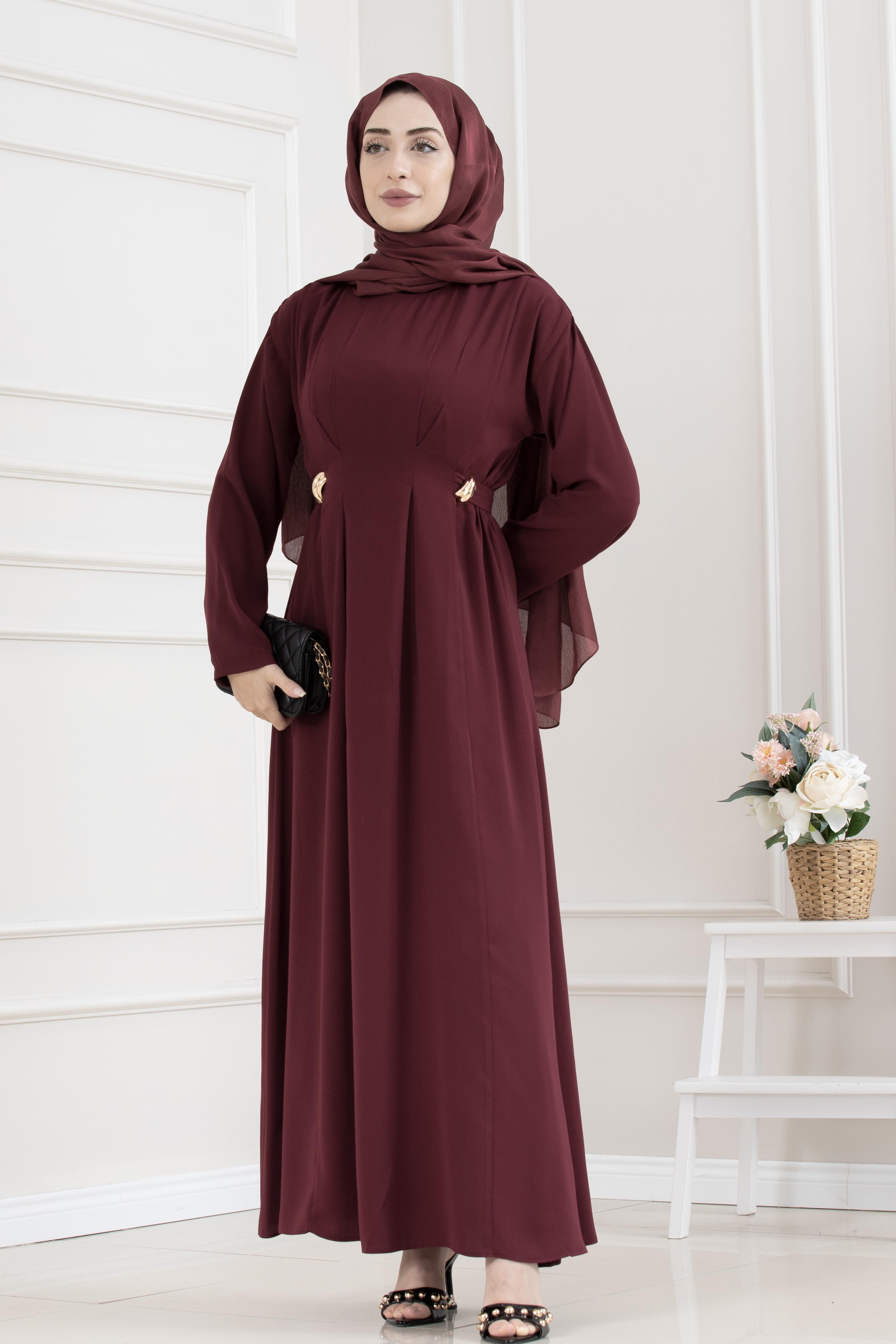 Beli Toka Detaylı Tesettür Elbise-BORDO