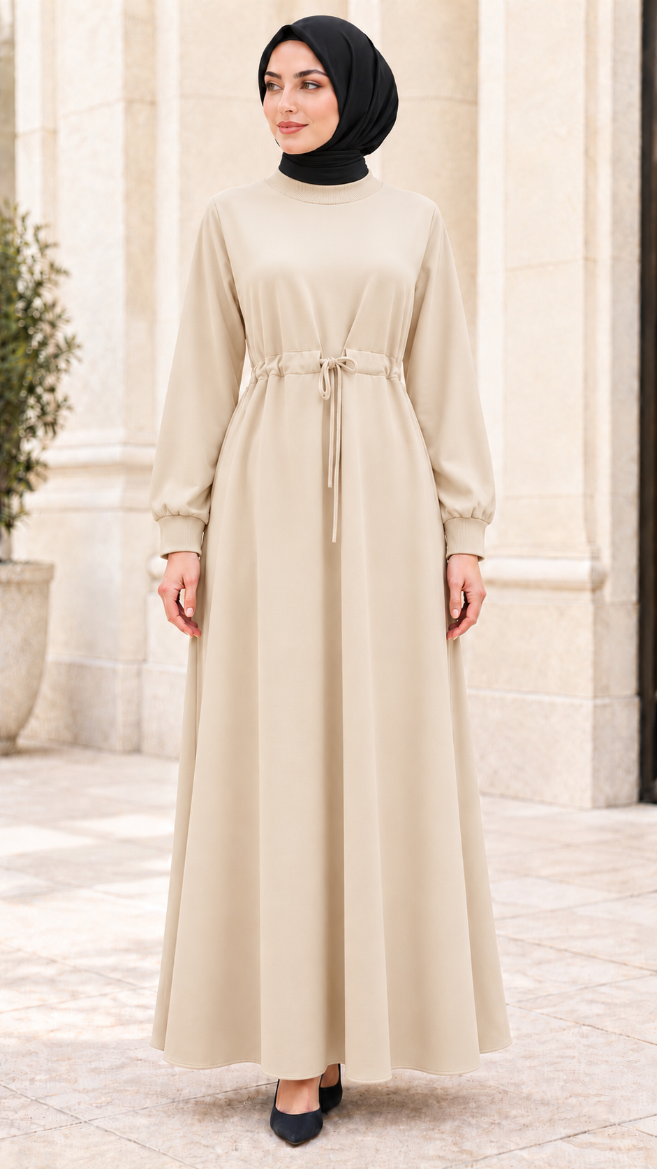 Dress with belt at the waist - Beige Color