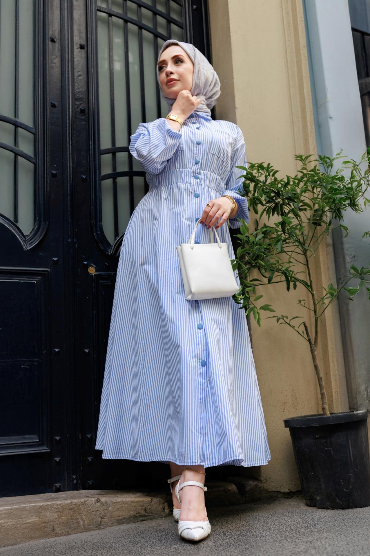 Boydan Düğmeli Çizgili Elbise-Bebe mavi