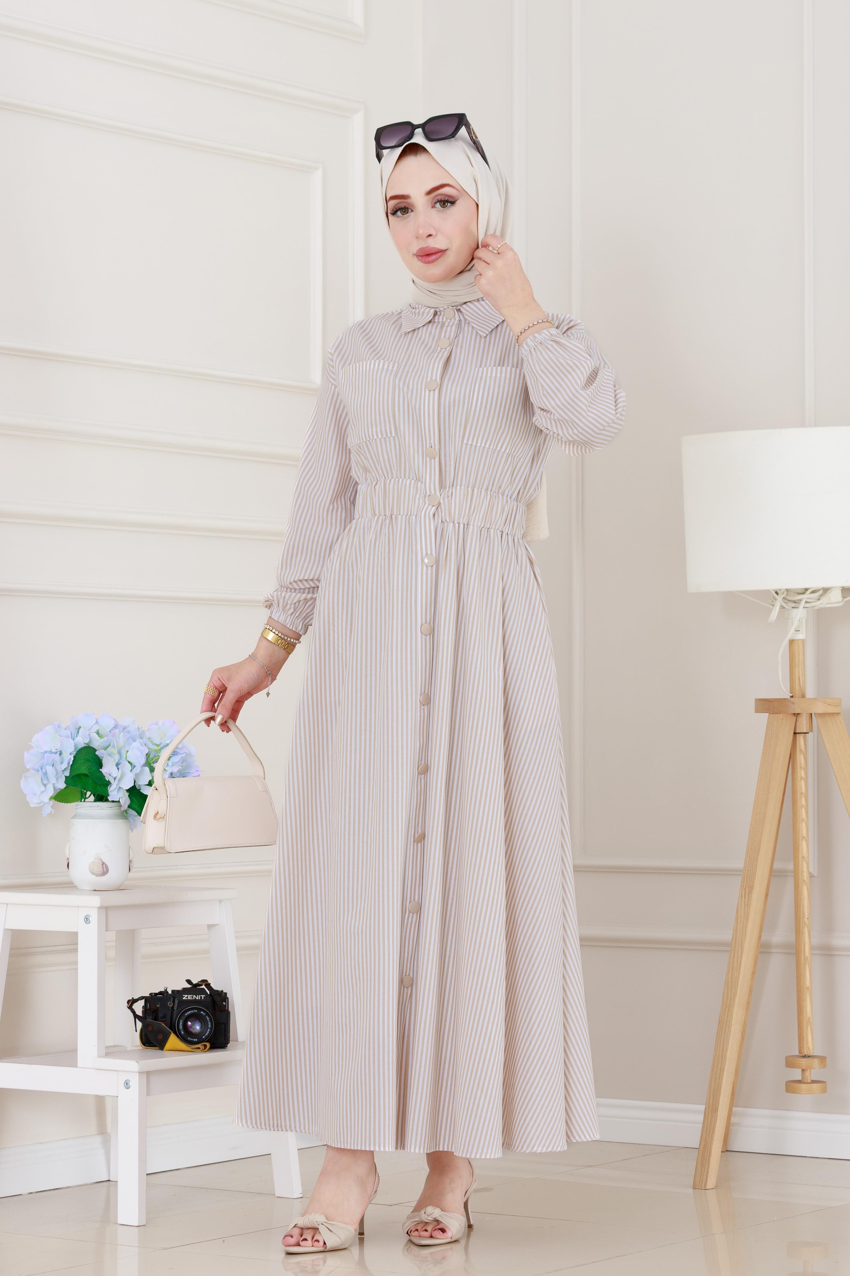 Boydan Düğmeli Çizgili Elbise-Taş