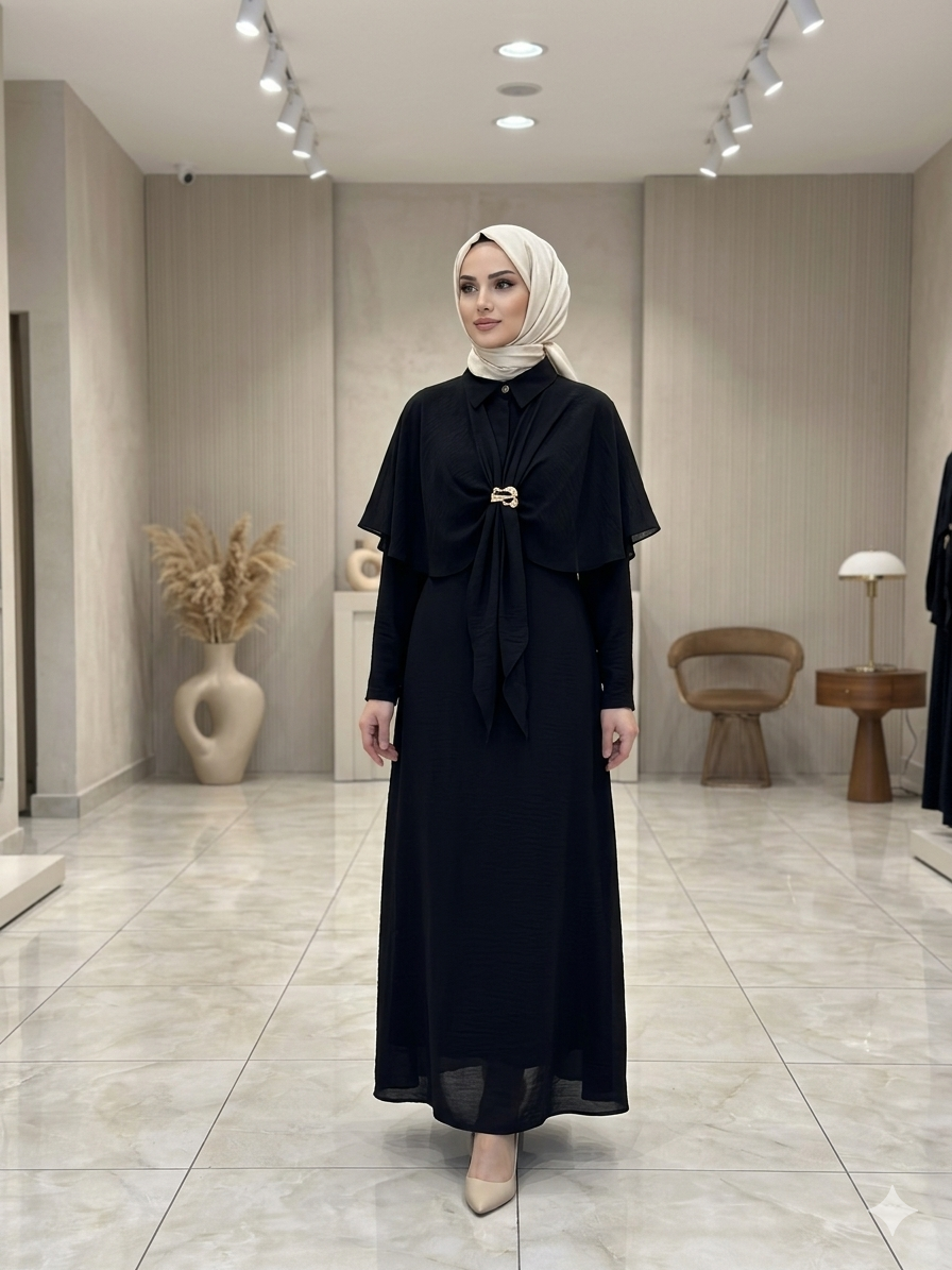Broş Detaylı Tesettür Elbise-SİYAH