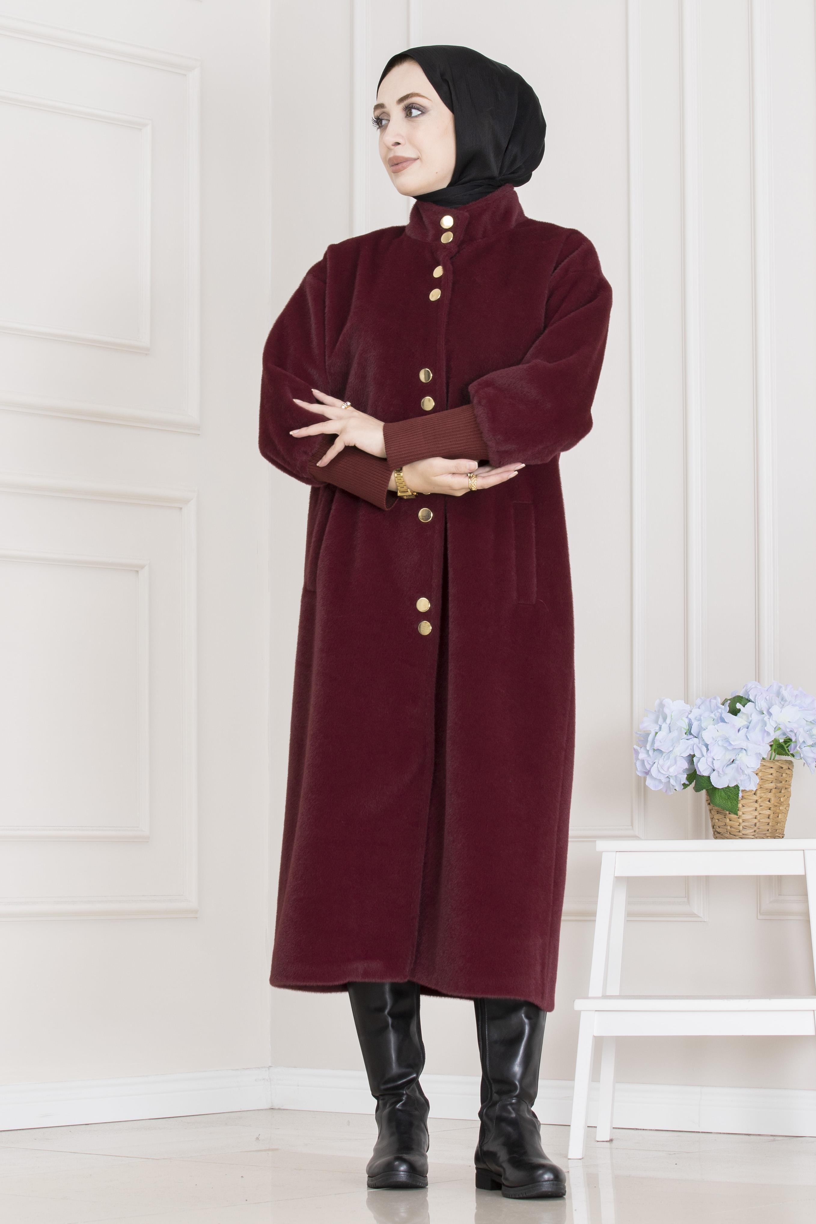 Çift Düğme Detaylı Kaban-Bordo