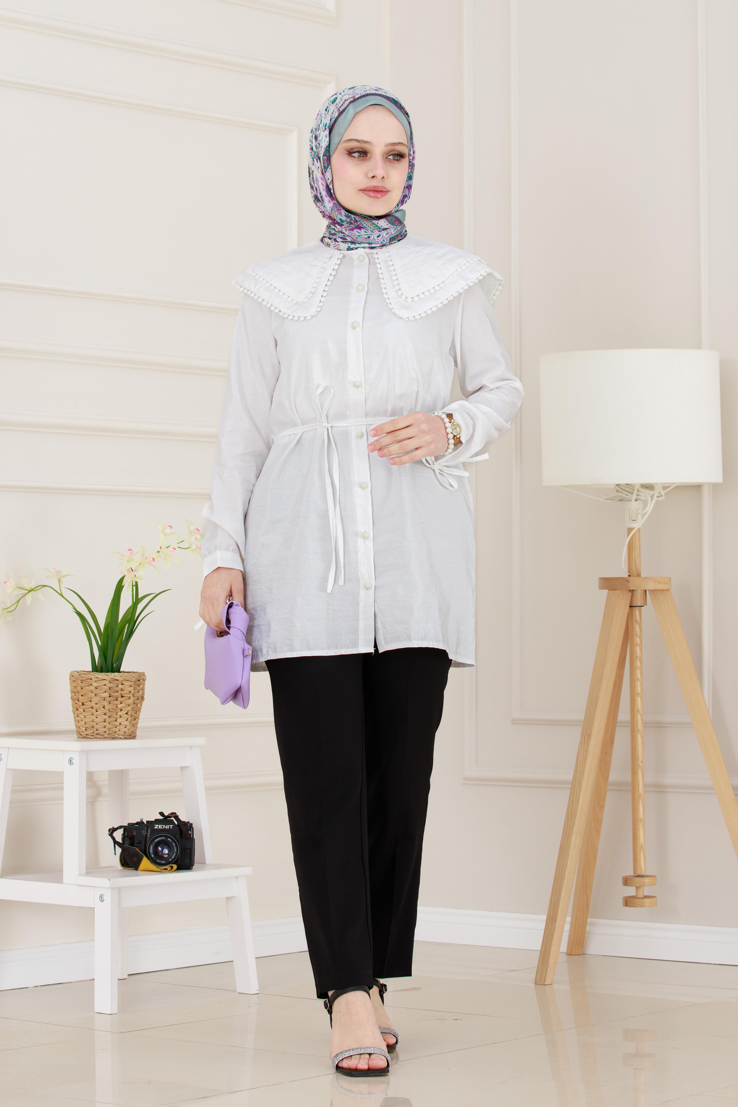 Çift Yaka Dantelli Tunik-Beyaz