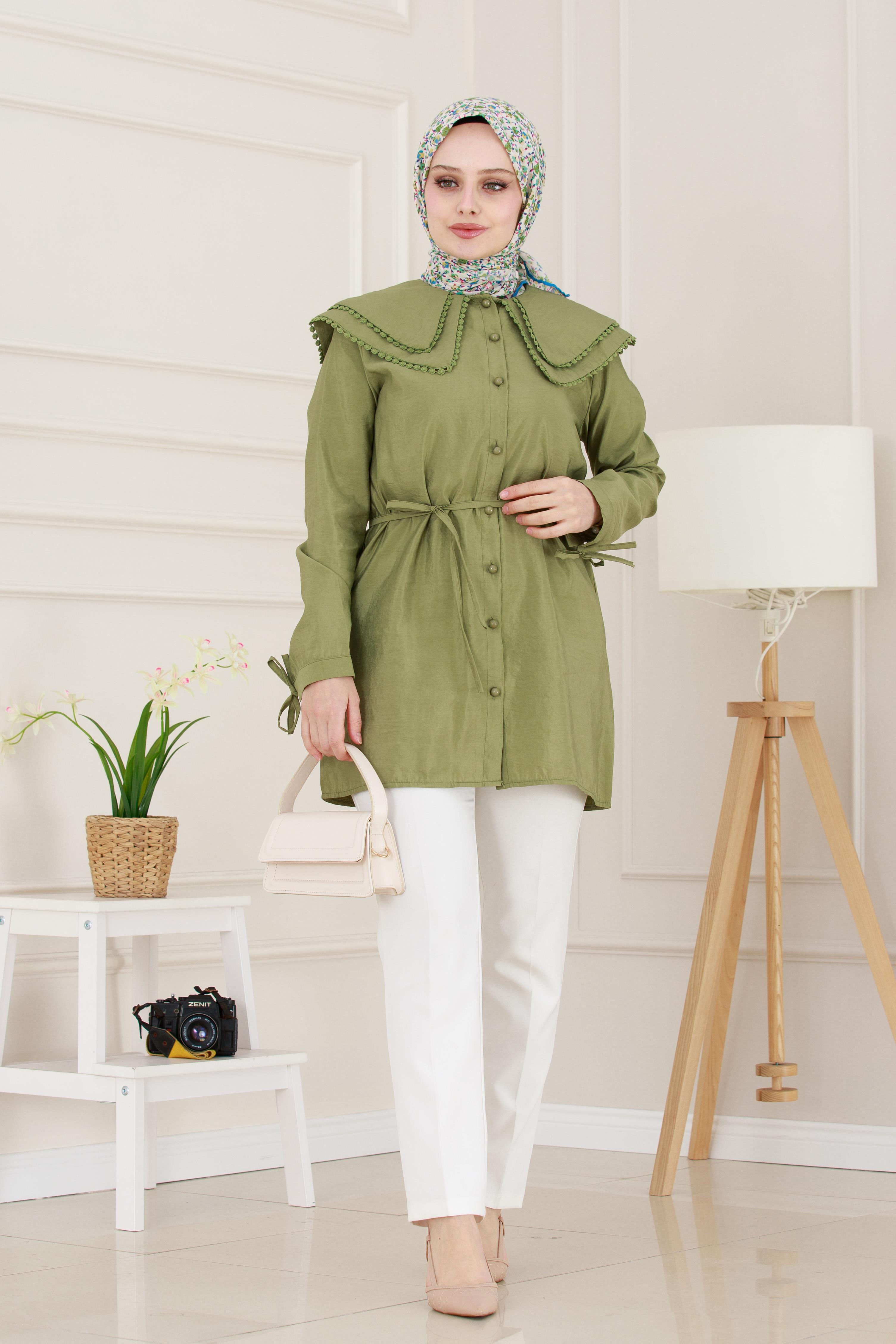 Çift Yaka Dantelli Tunik-Yeşil