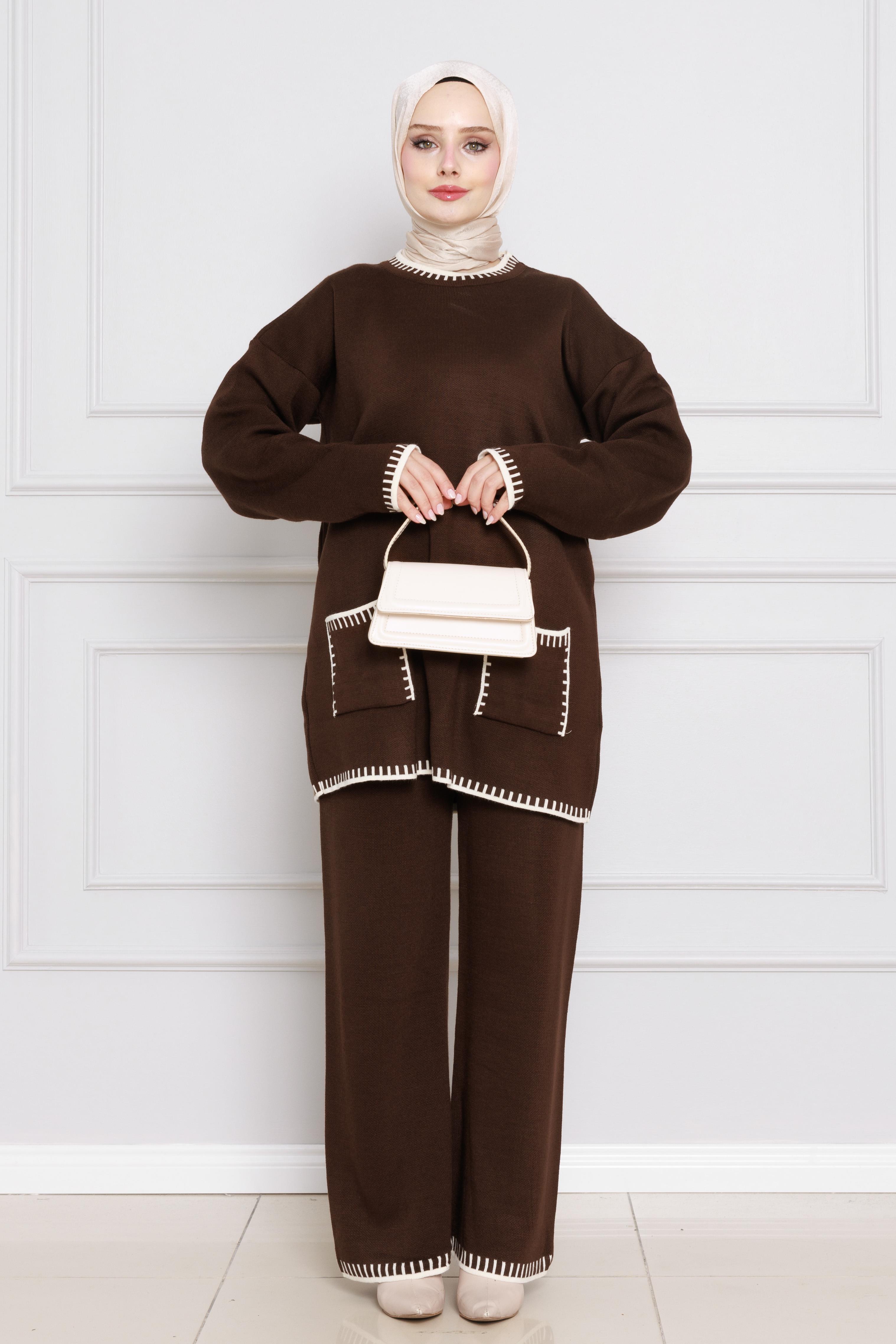 Çoban Dikiş Desenli Triko Takım-Kahverengi