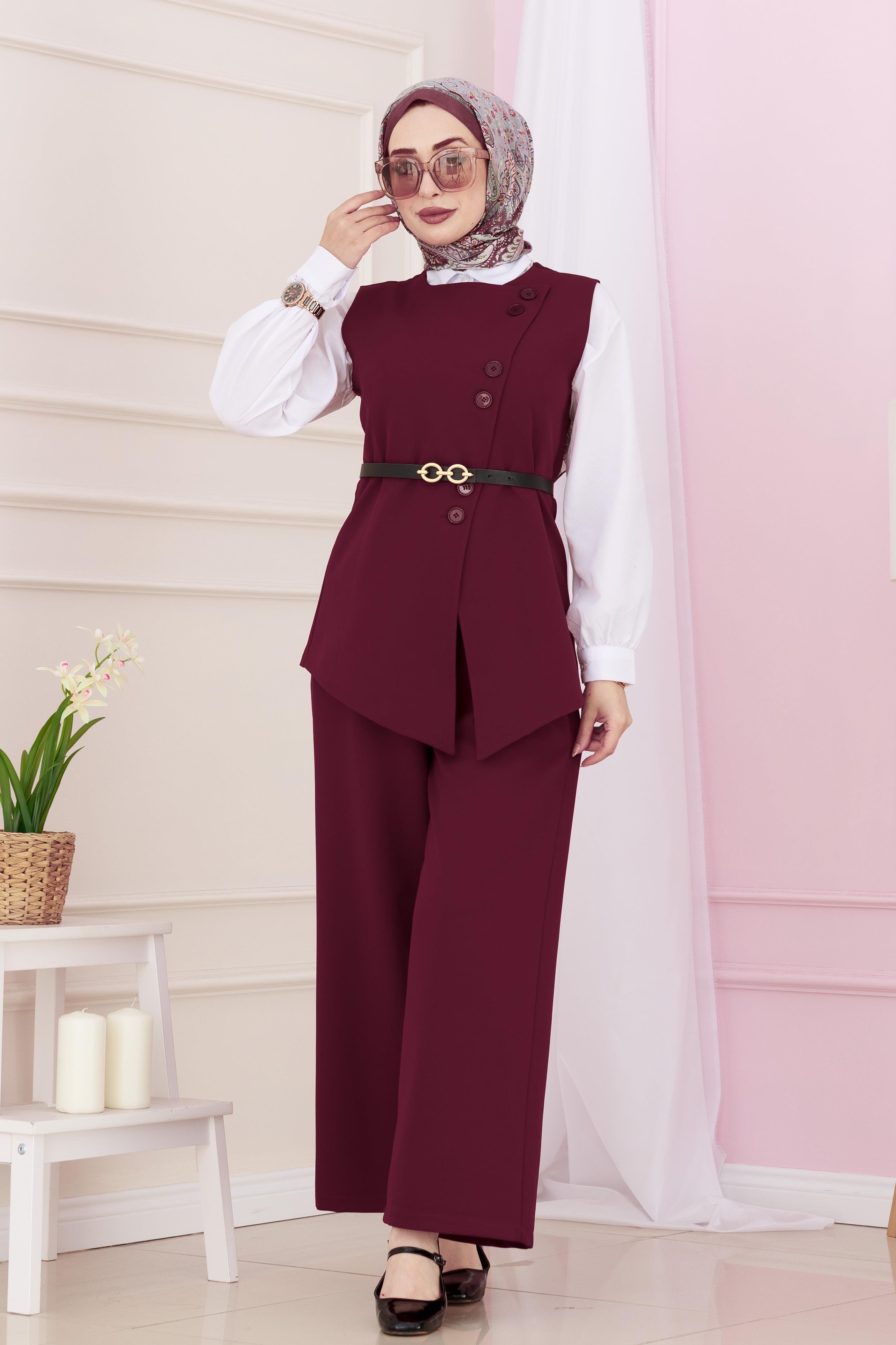 Dora Pantolonlu Yelekli Takım-Bordo