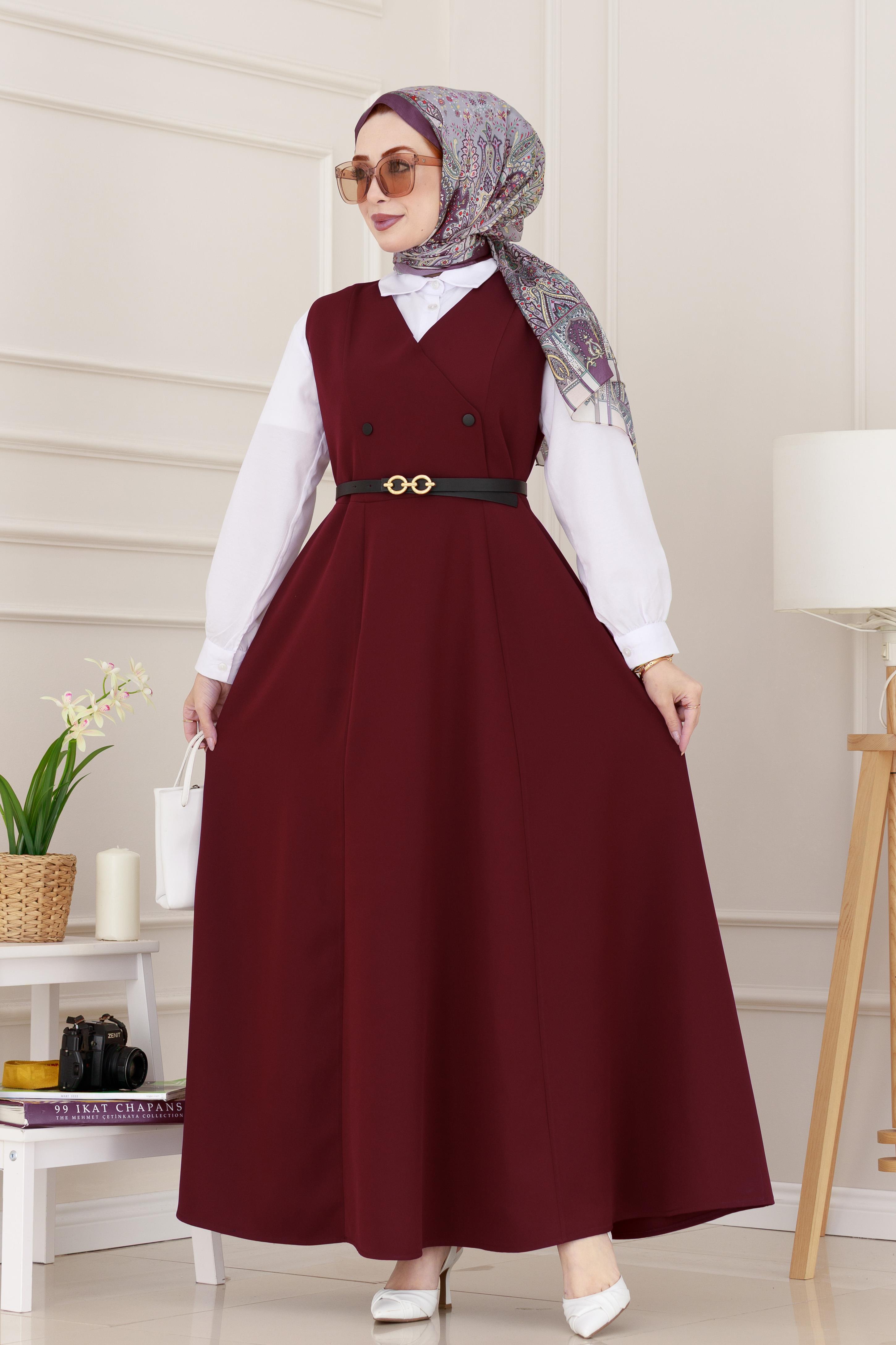 Düğme Detaylı Kemerli Jile-Bordo