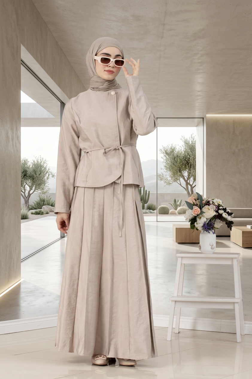 Düğme Detaylı Nervürlü Etekli İkili Takım-BEJ