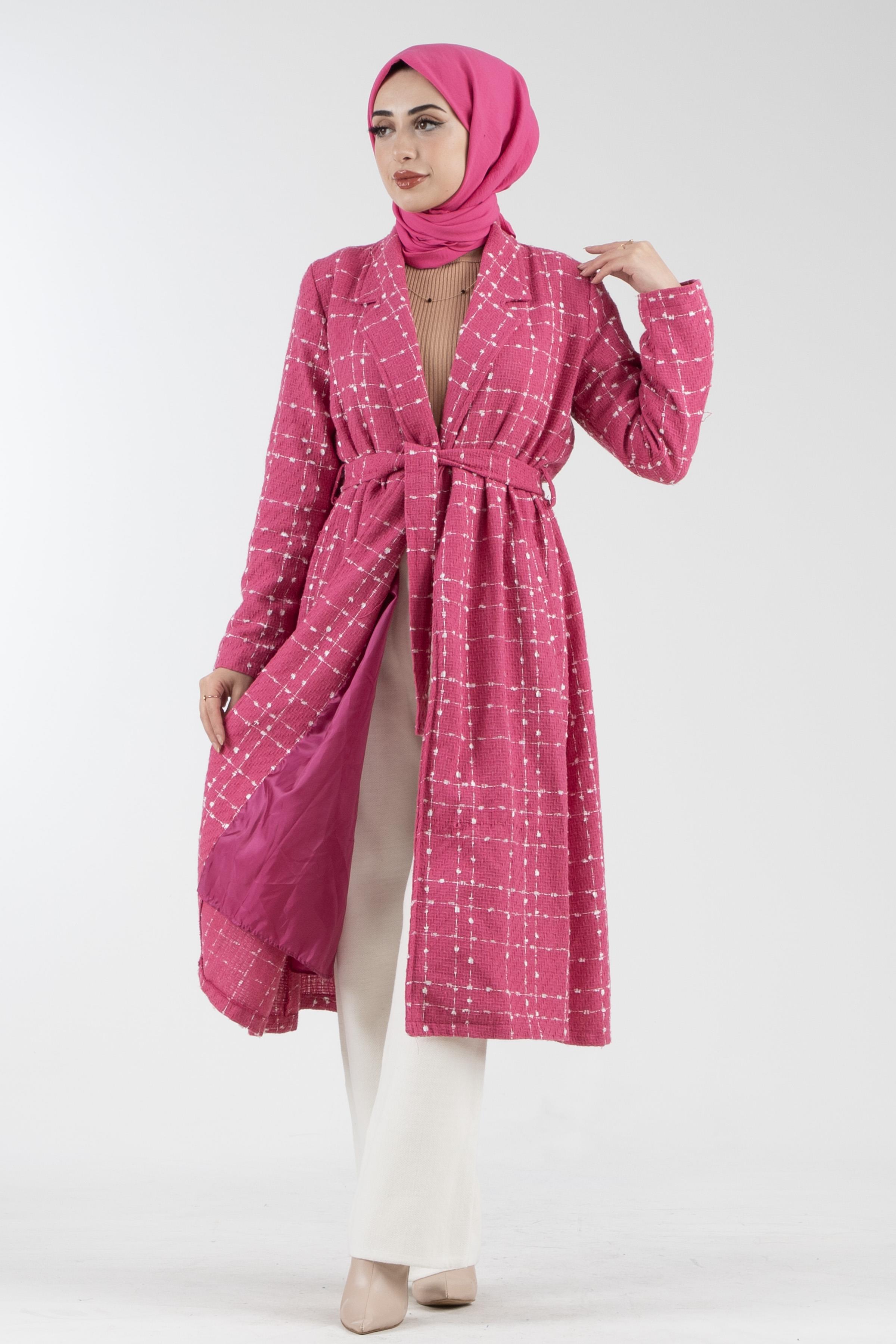 Ekoseli Şanel Kaşe Kaban-Pembe