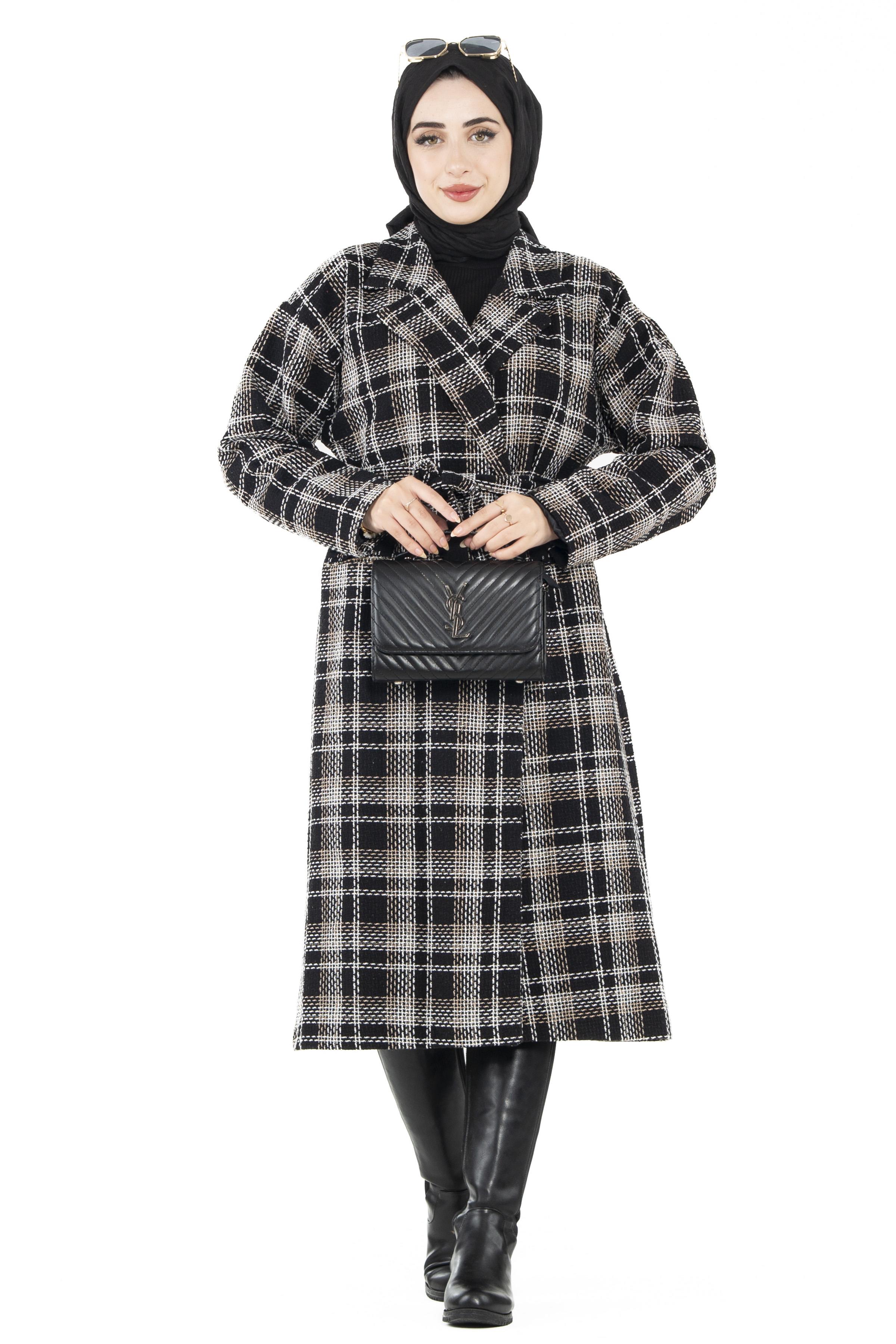 Plaid Tweed Coat-Black Grey