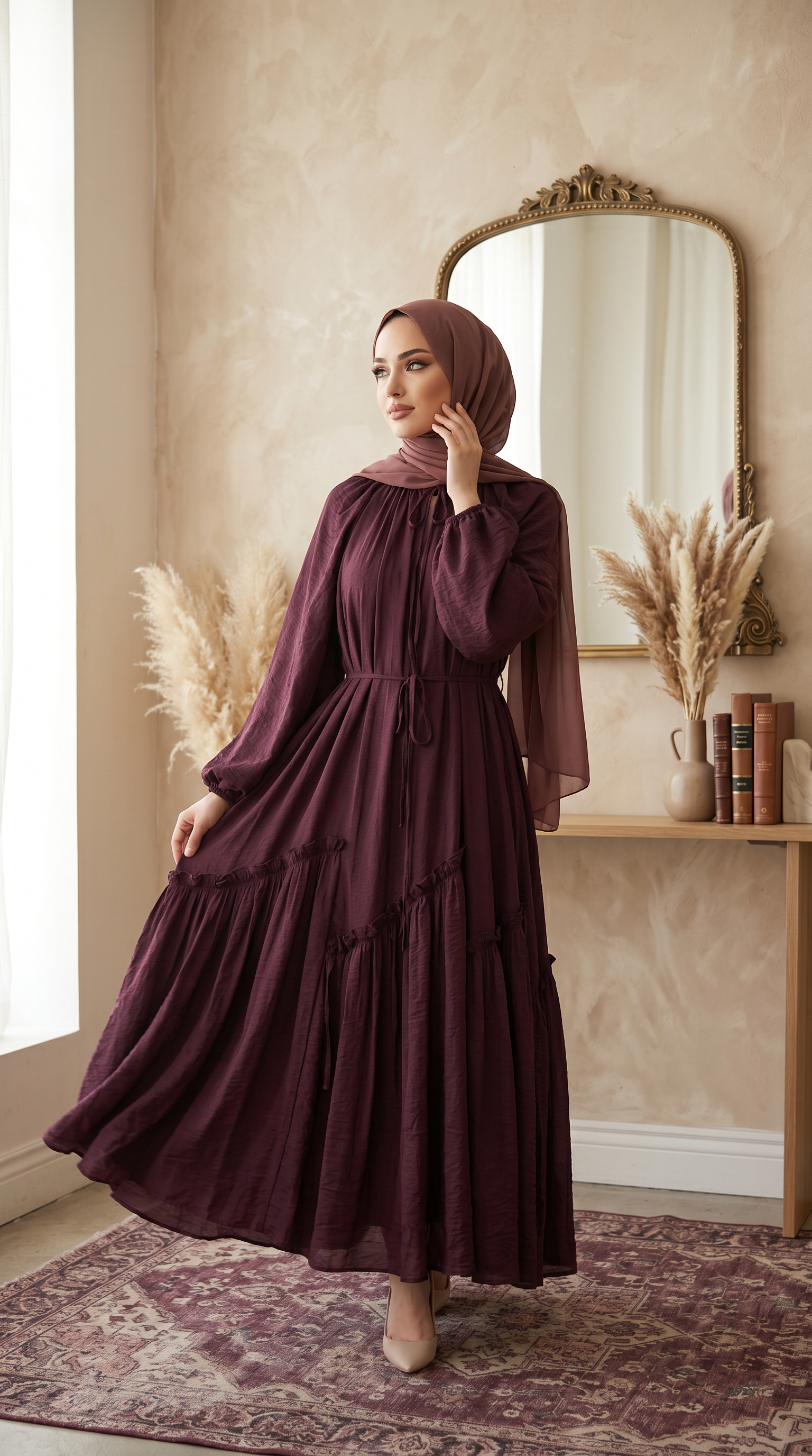 Eteği Pileli Tesettür Elbise-MÜRDÜM