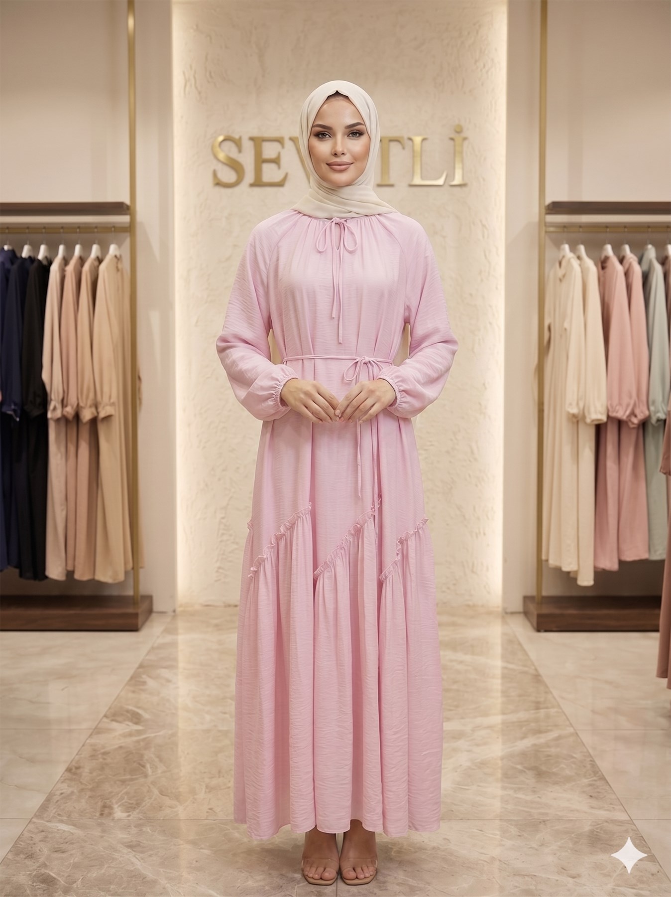 Eteği Pileli Tesettür Elbise-PEMBE