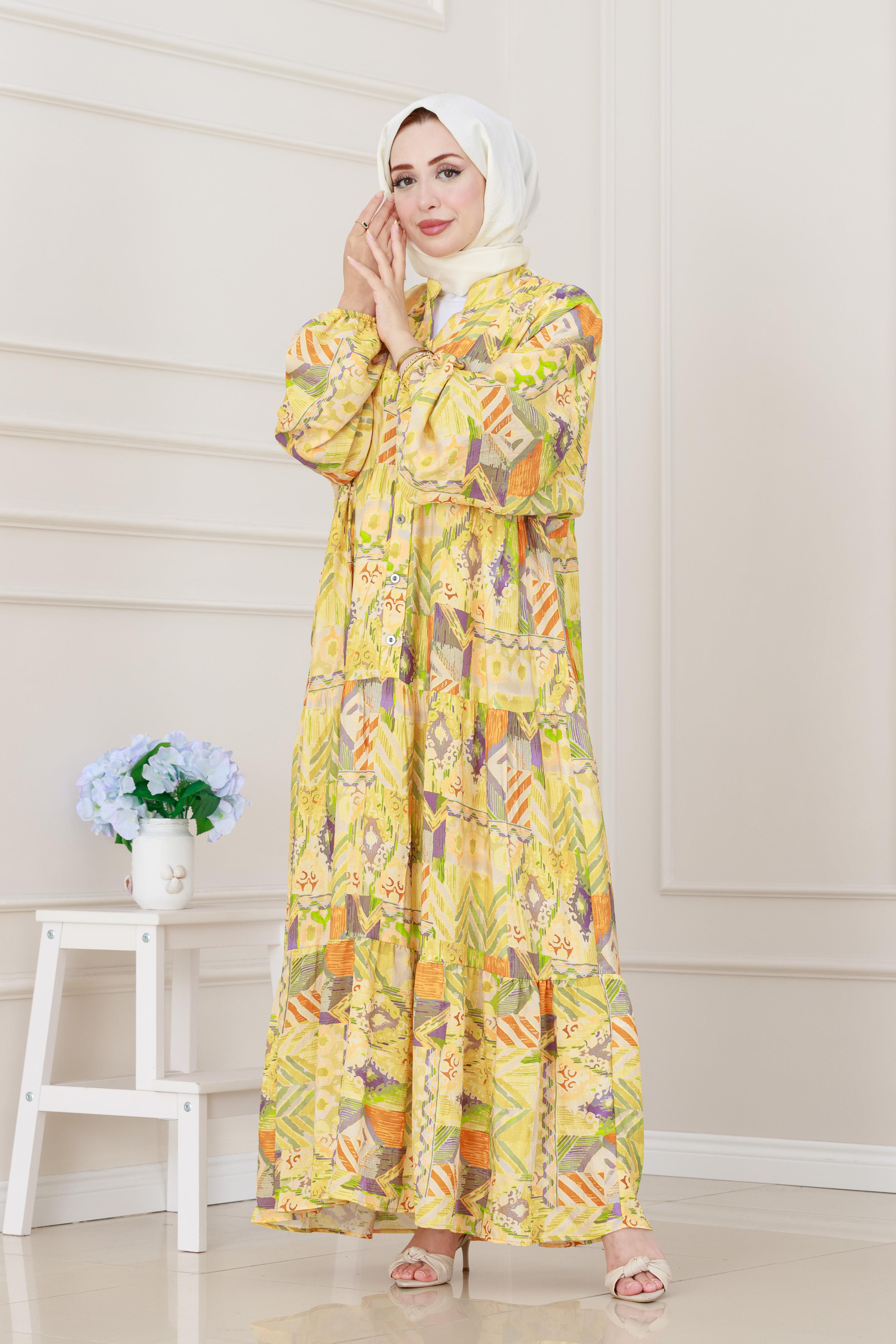 Etnik Desen Robalı Elbise-Sarı