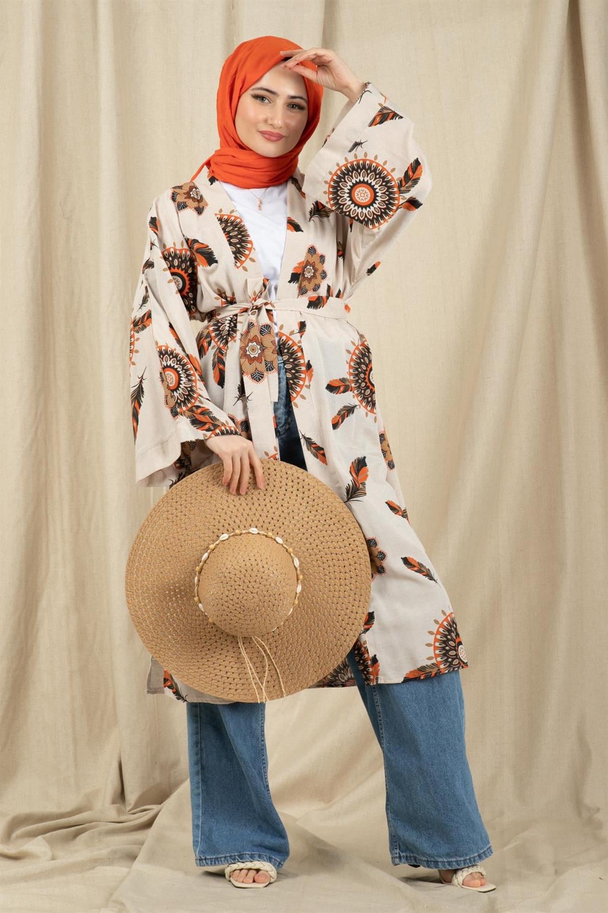 Etnik Desenli Kimono-Turuncu