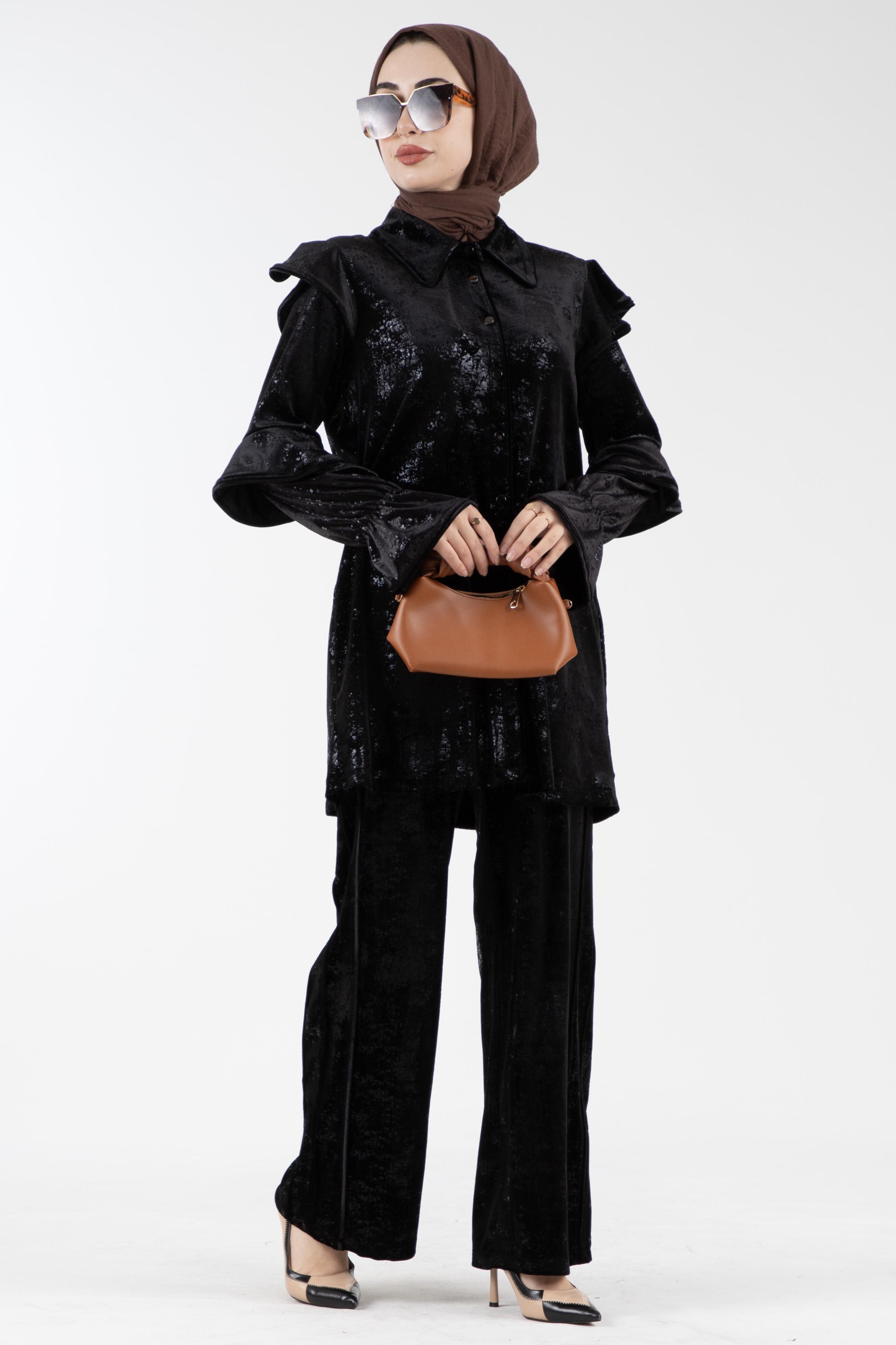 Velvet Suit with Ruffle Detail - Black