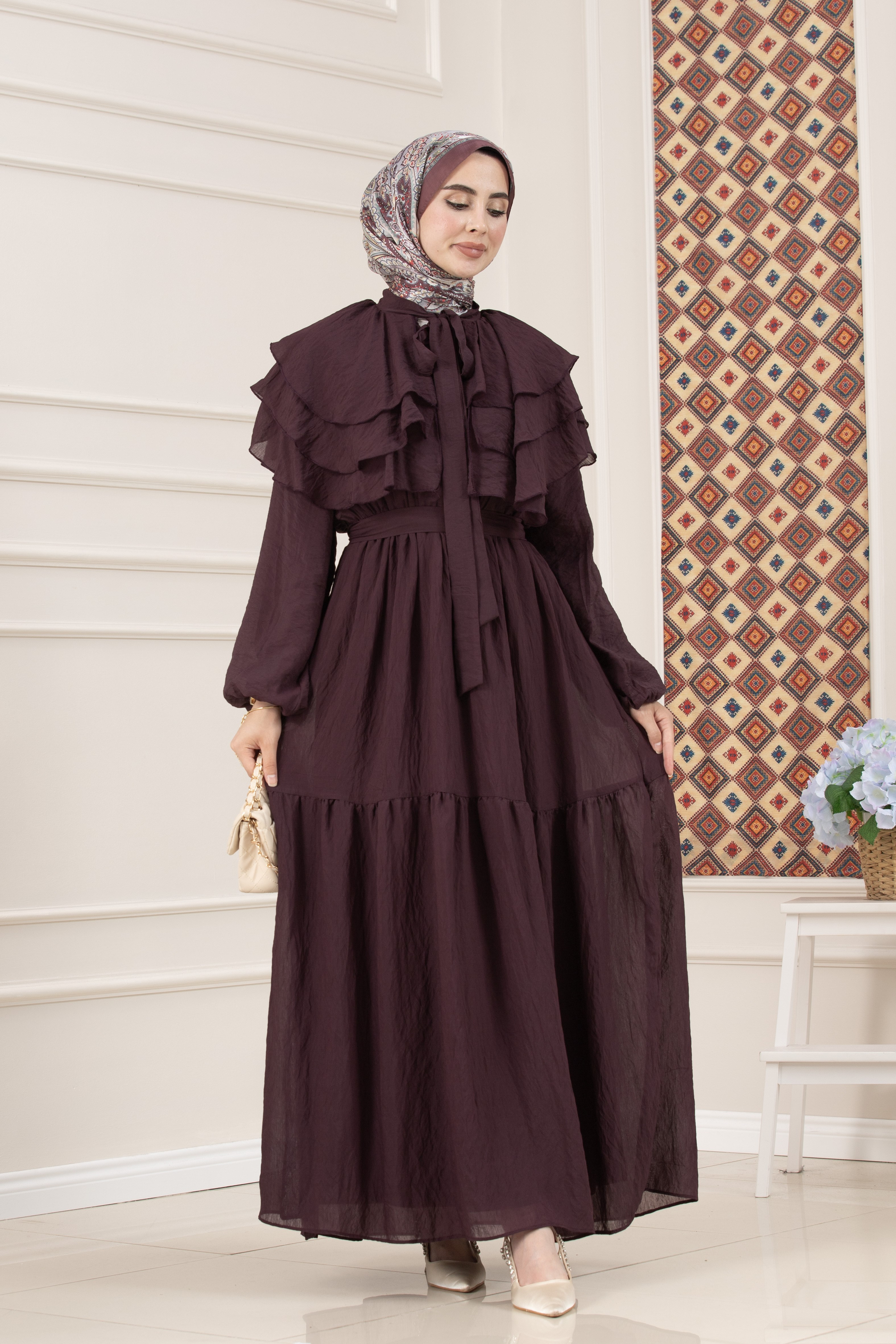Fırfır Detaylı Roza Tesettür Elbise-MÜRDÜM