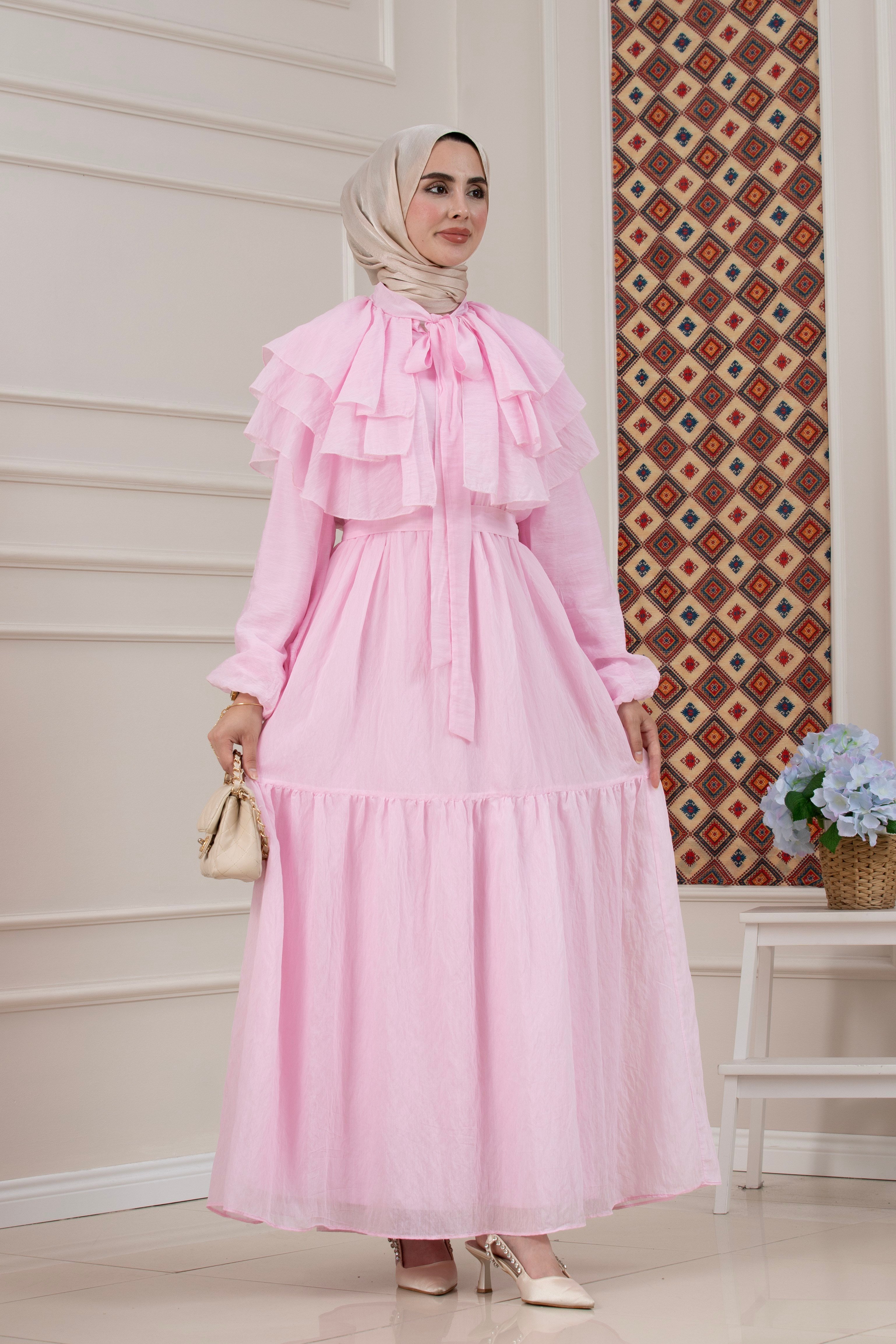 Fırfır Detaylı Roza Tesettür Elbise-PEMBE