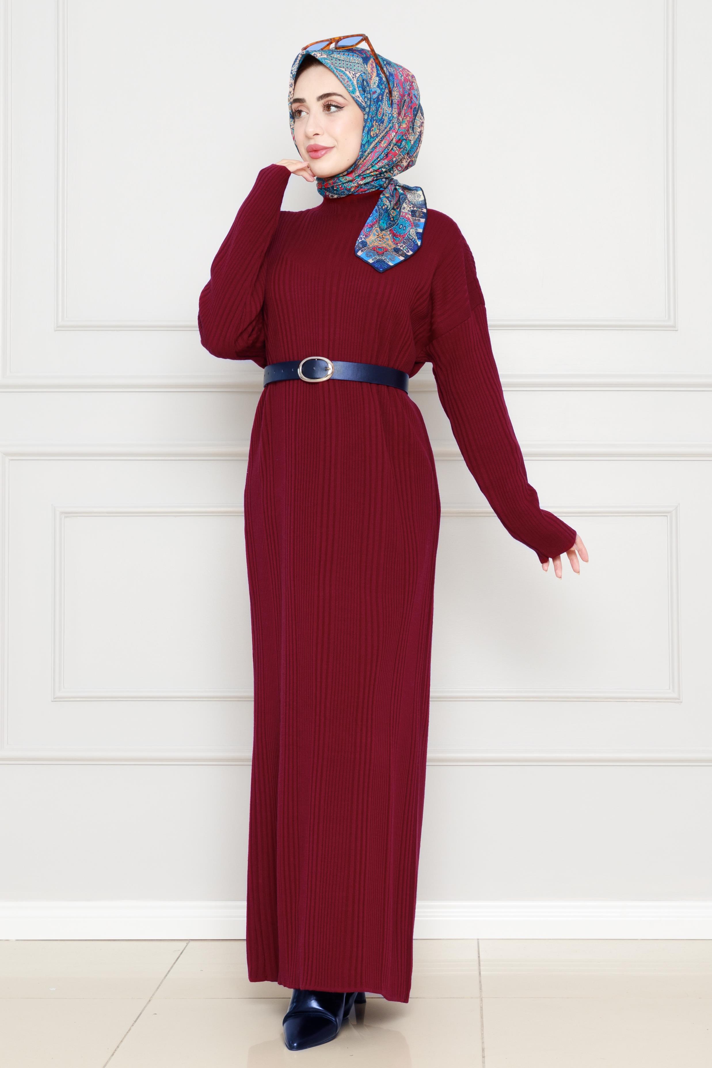 Fitilli Triko Elbise-Bordo