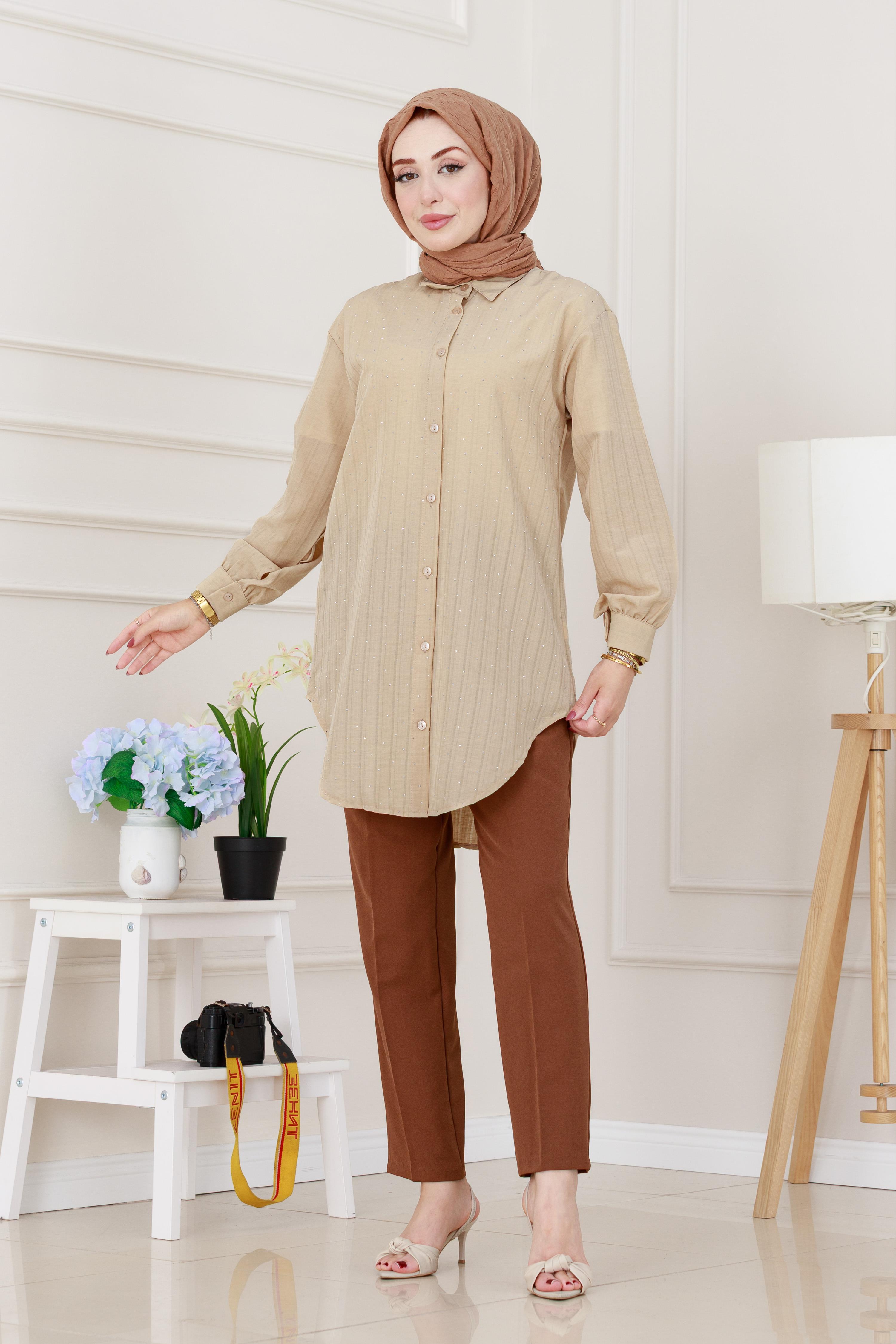 Göğüsü Taş Detaylı Oversize Tunik-Bej