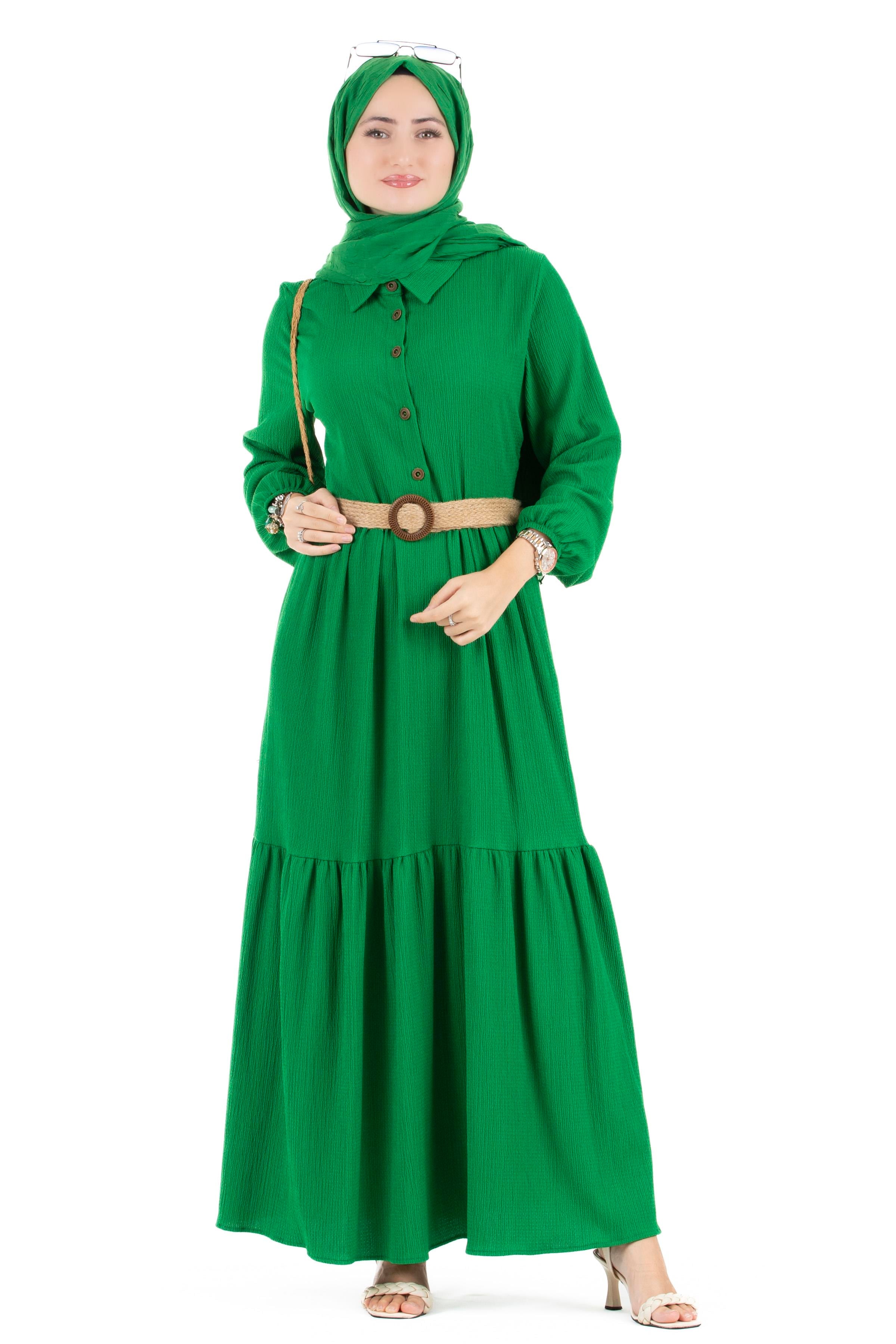 Hasır Kemerli Elbise-Benetton Yeşili