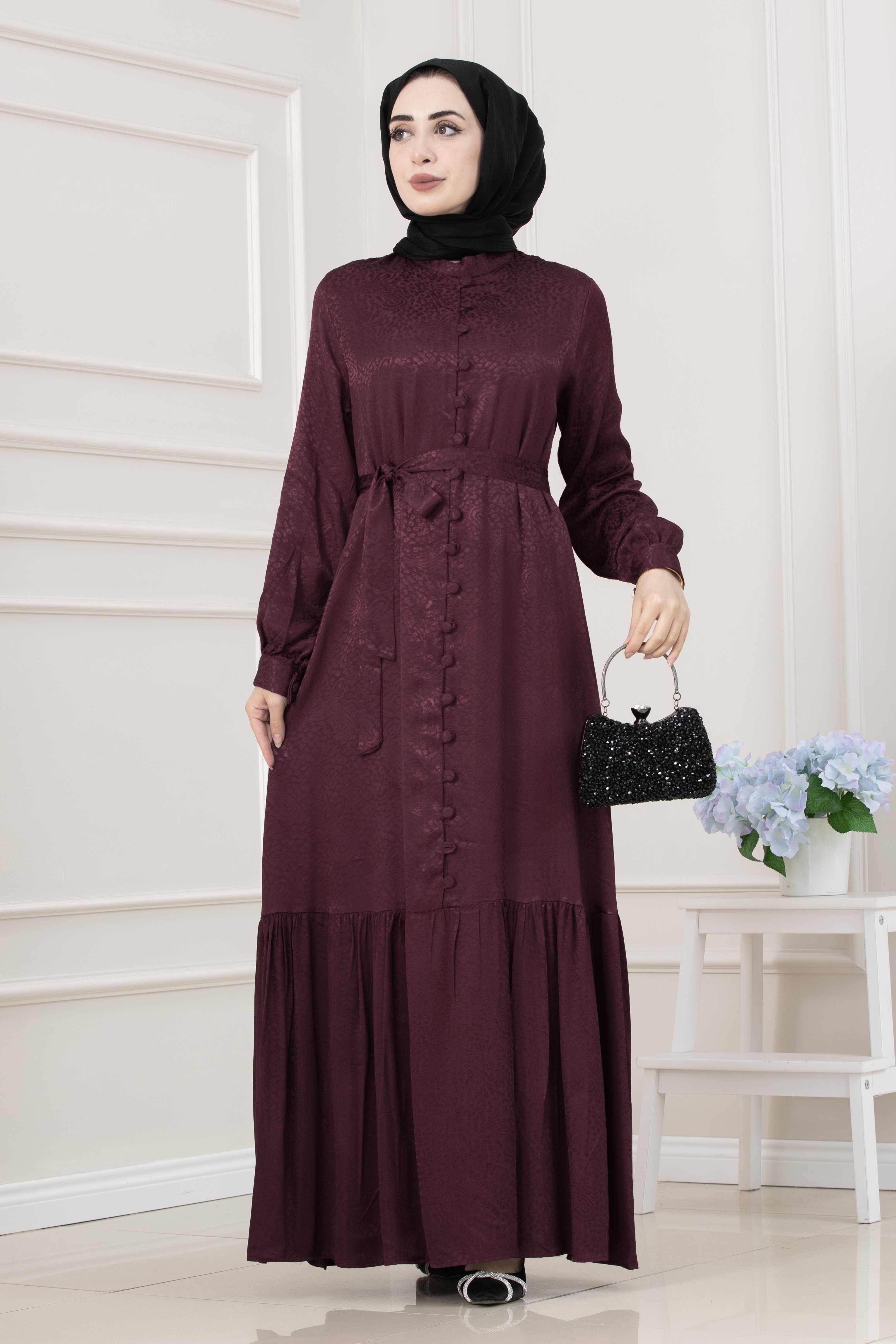 Jakar Desenli Düğmeli Abiye Elbise-BORDO