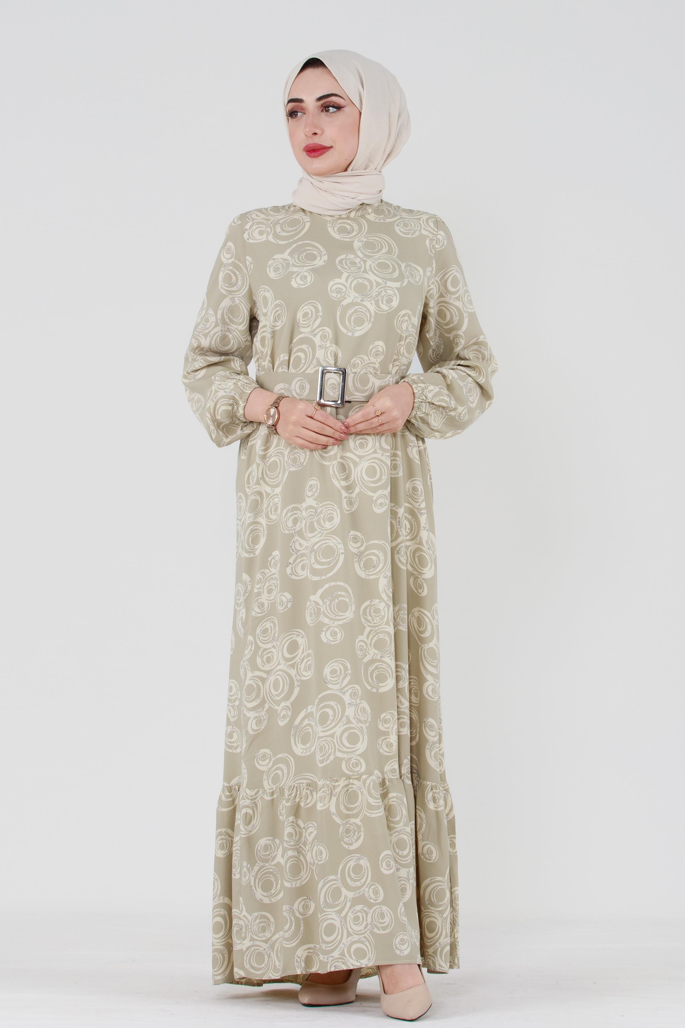 Coated Belted Viscose Hijab Dress - Beige
