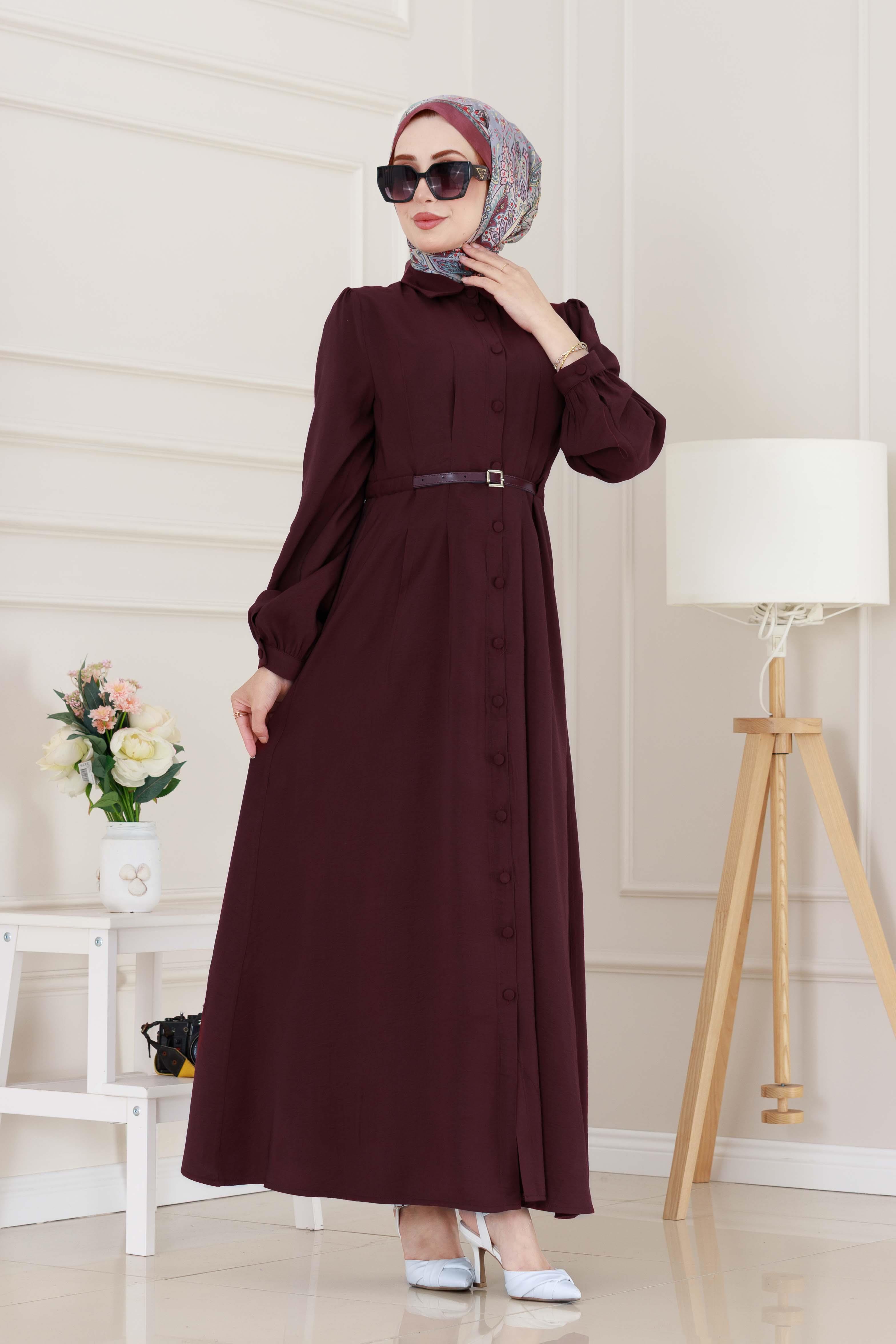 Kemerli Tensel Elbise-Bordo