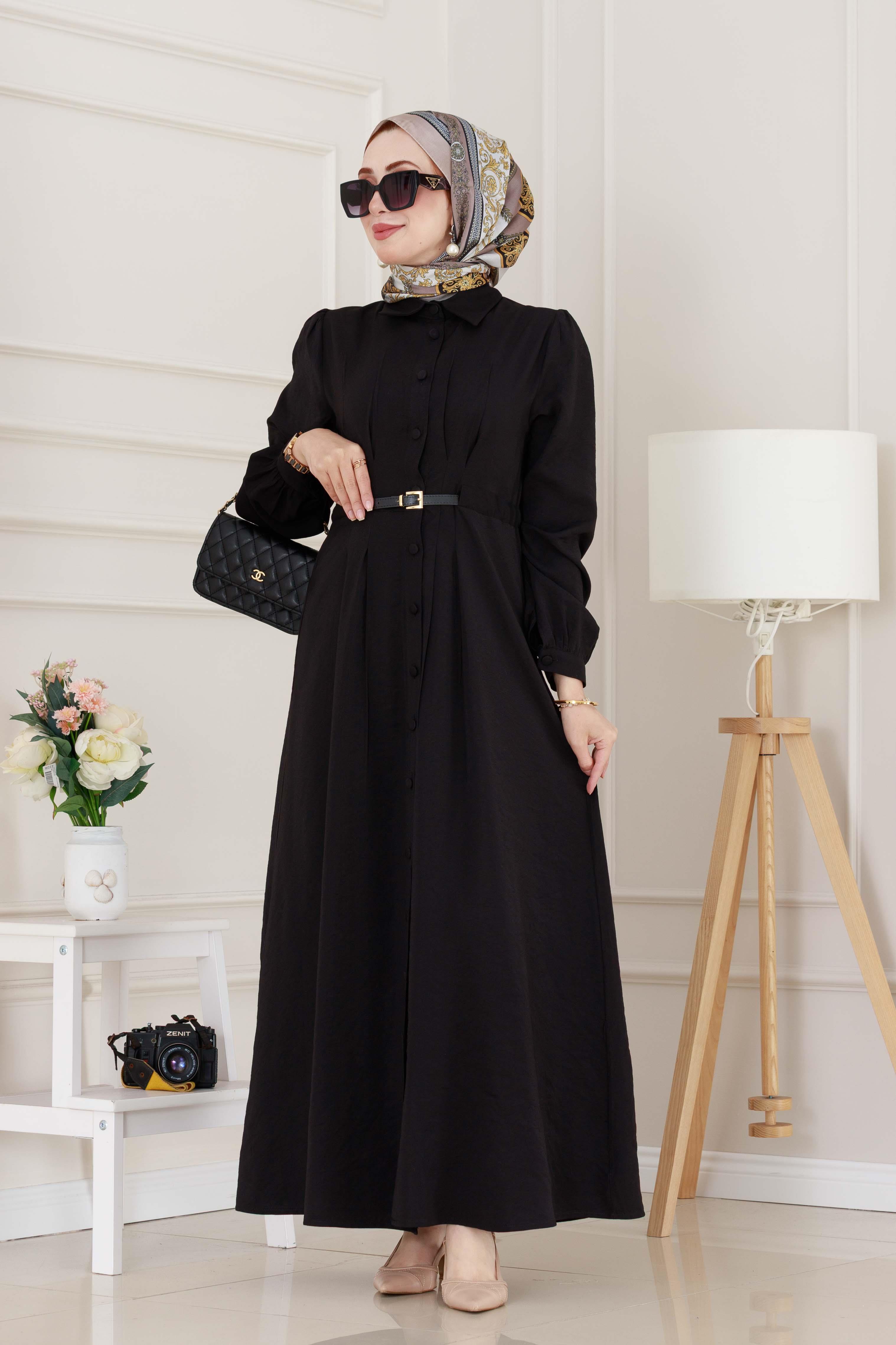 Kemerli Tensel Elbise-Siyah