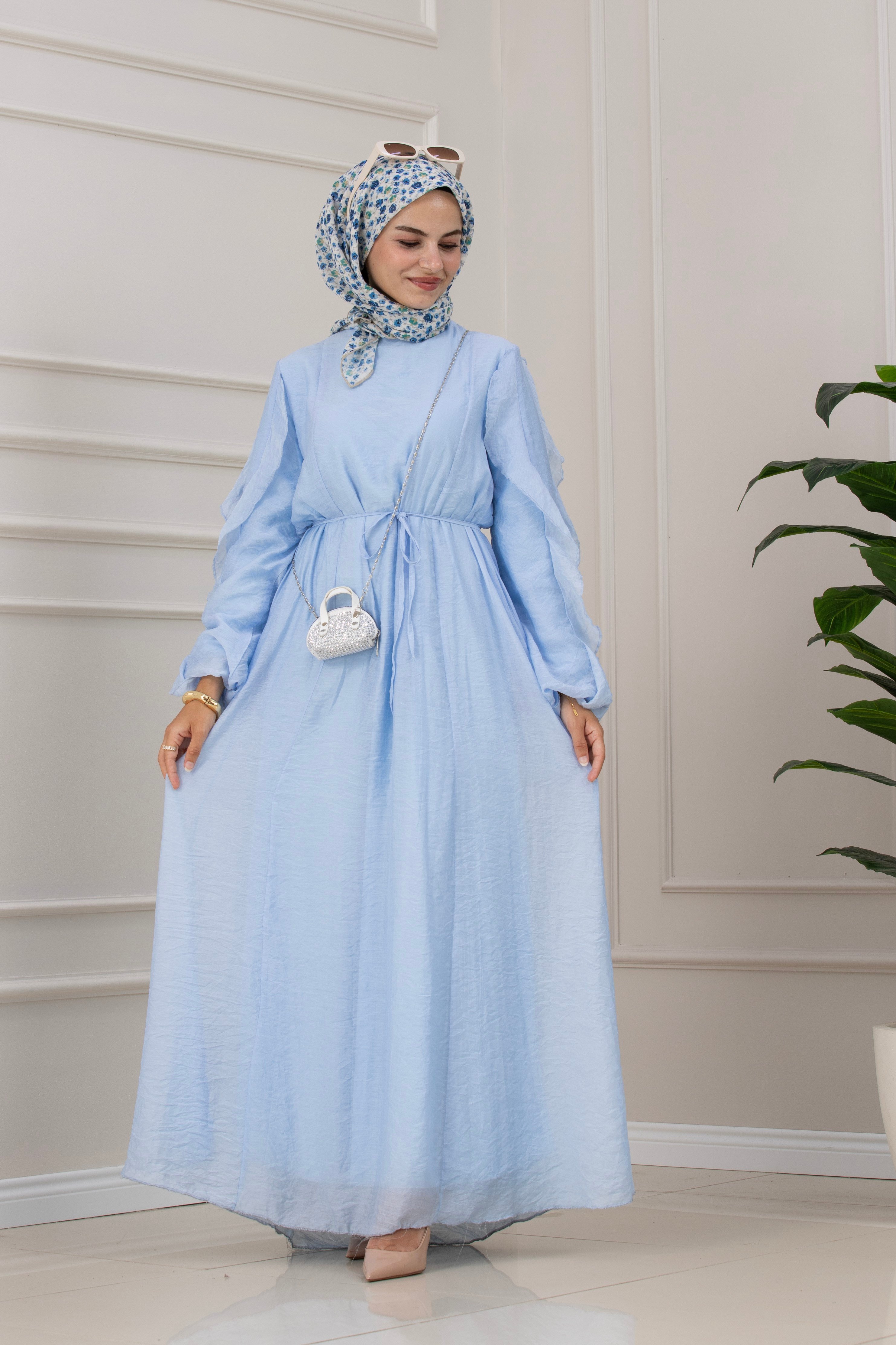 Kolları Fırfır Detaylı Simay Elbise-BEBE MAVİ