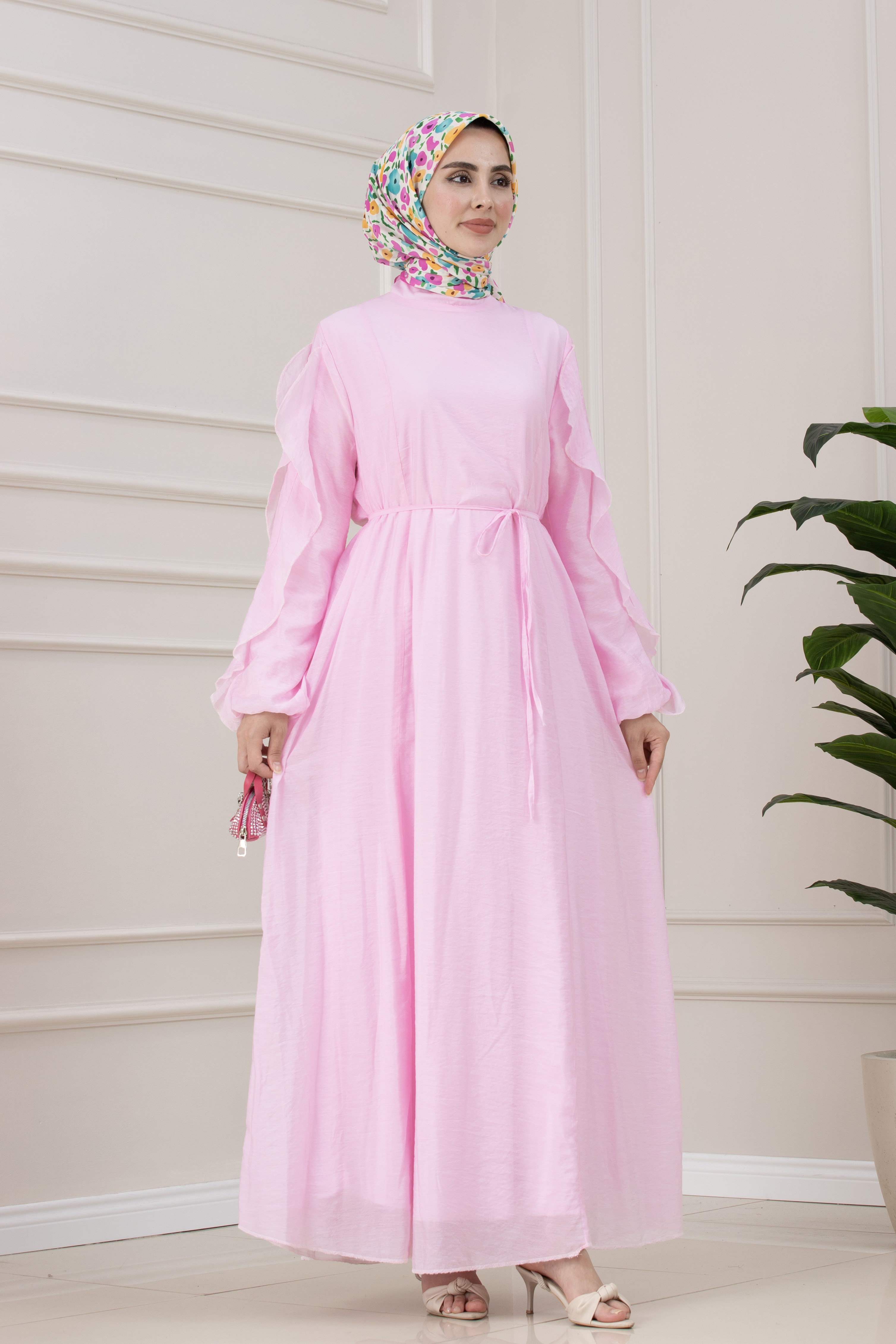 Kolları Fırfır Detaylı Simay Elbise-PEMBE