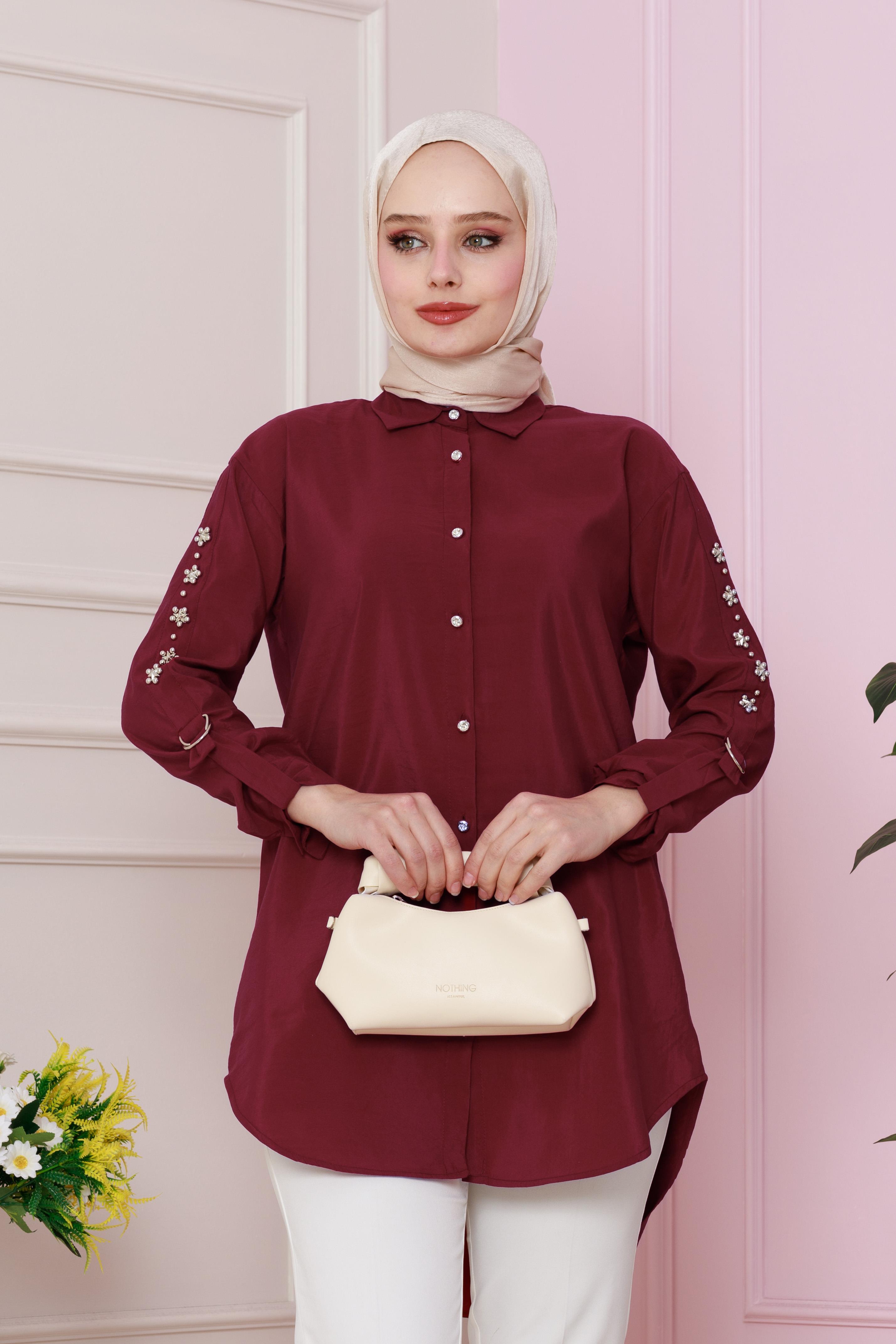 Kolu Çakım Detaylı Tunik-Bordo