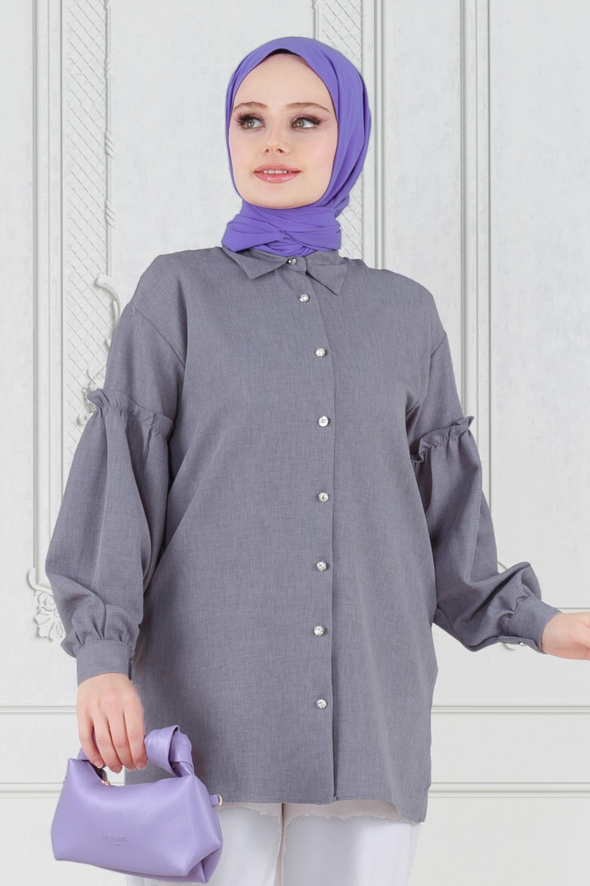 Kolu Fırfır Detaylı Tunik-Gri