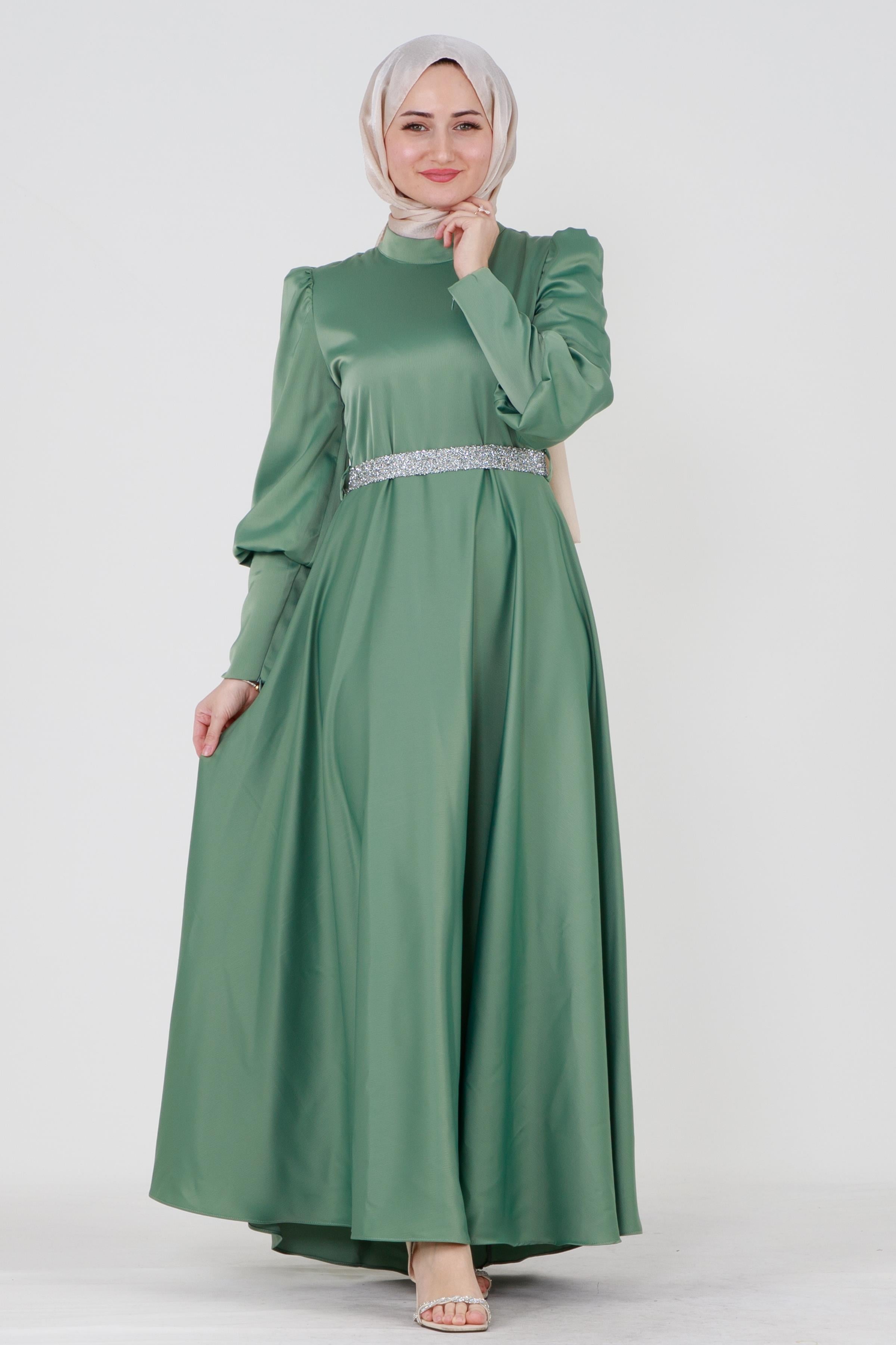 Kuşağı Taşlı Saten Abiye-Mint Yeşili