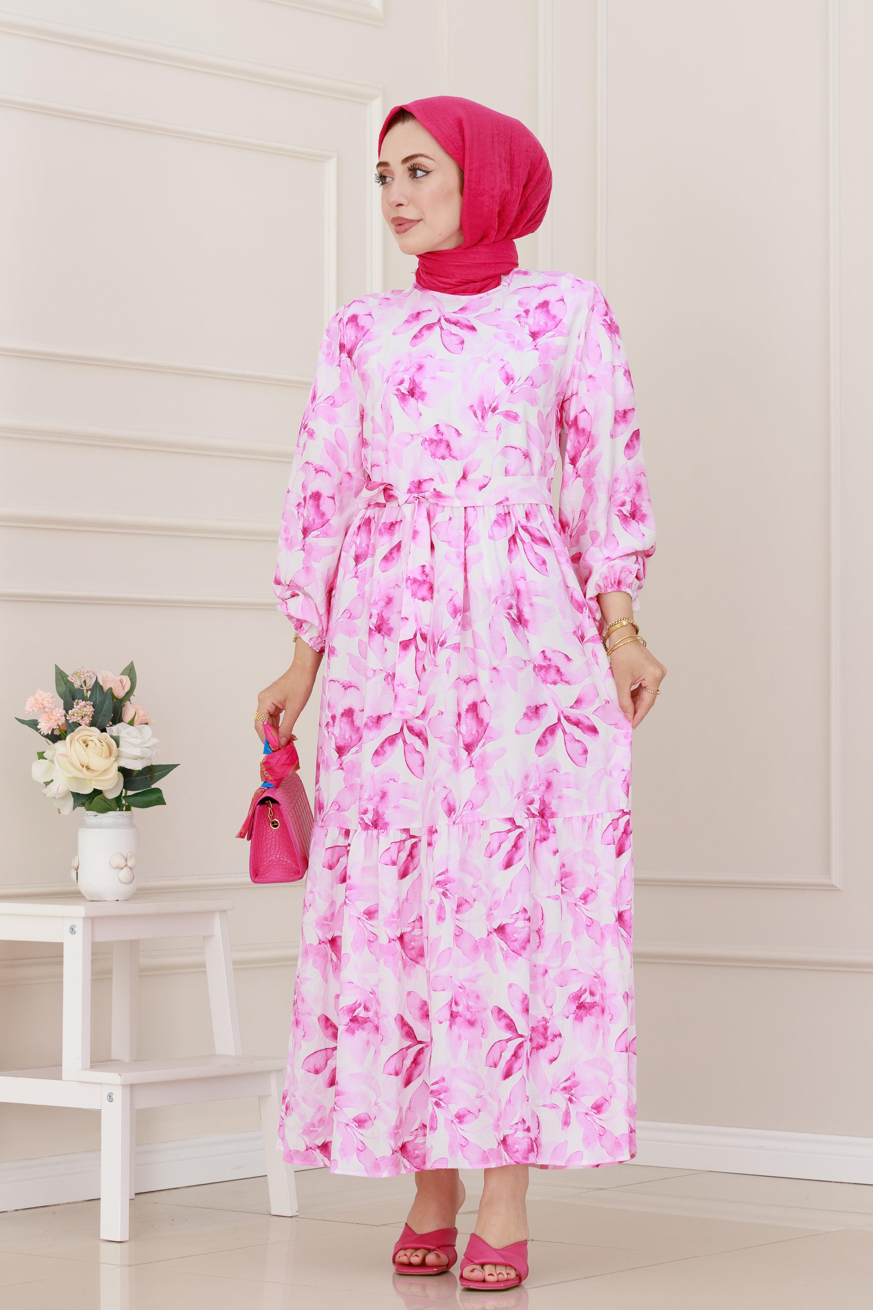 Kuşaklı Çiçekli Lina Elbise-Pembe