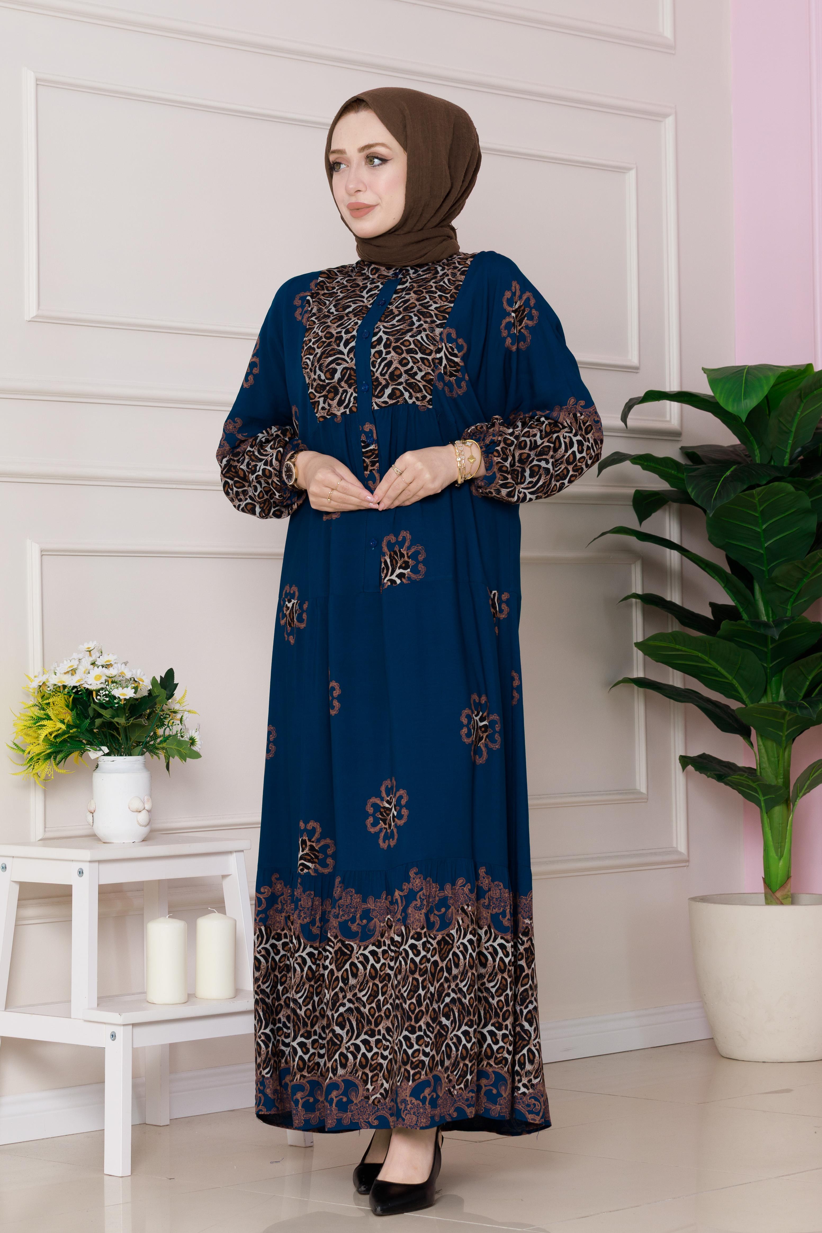 Leopar Desenli Robalı Viscon Elbise-İndigo