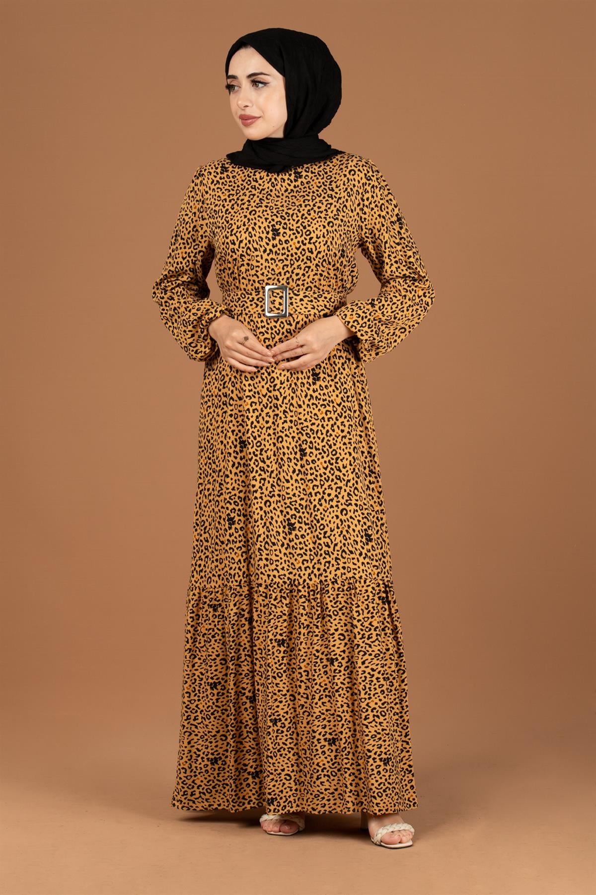 Leopar Desenli Viscon Elbise-Hardal