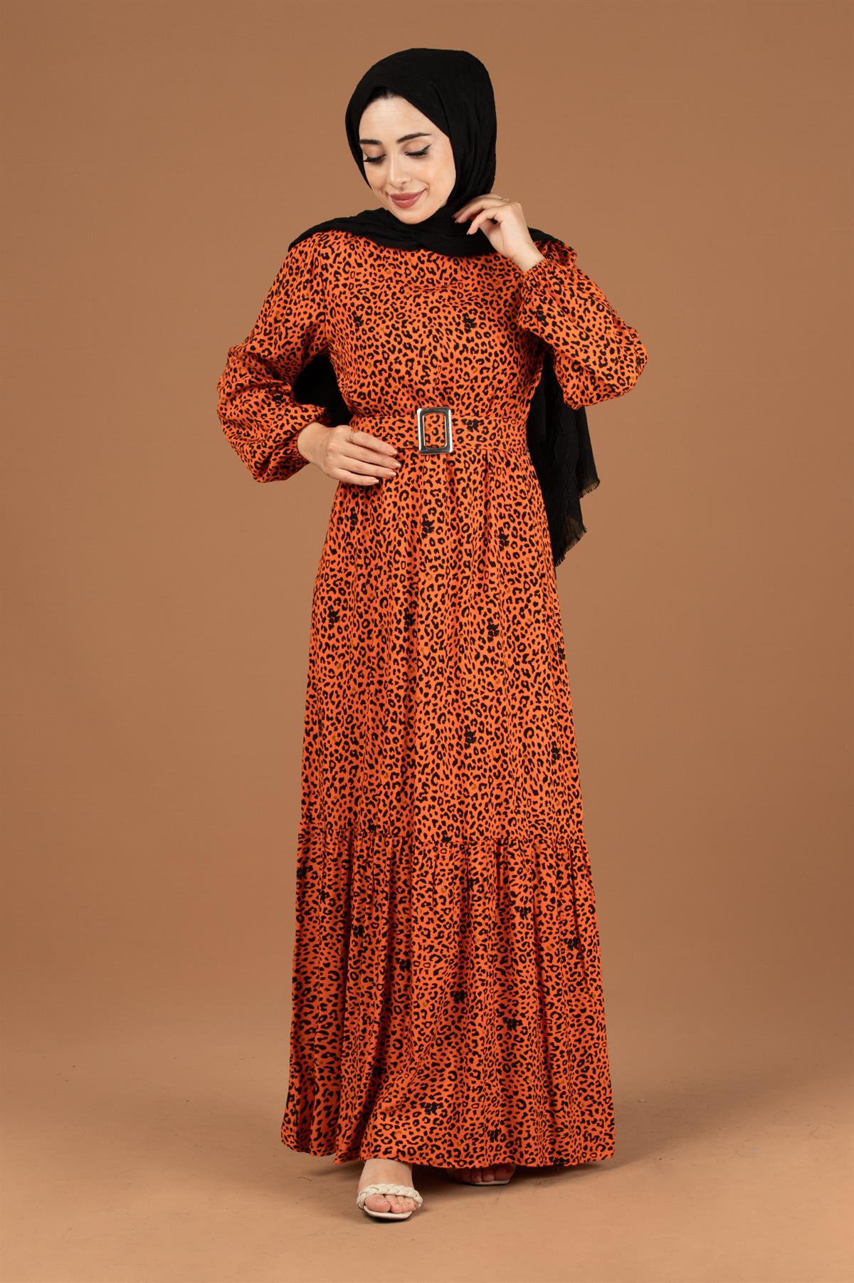 Leopar Desenli Viscon Elbise-Oranj