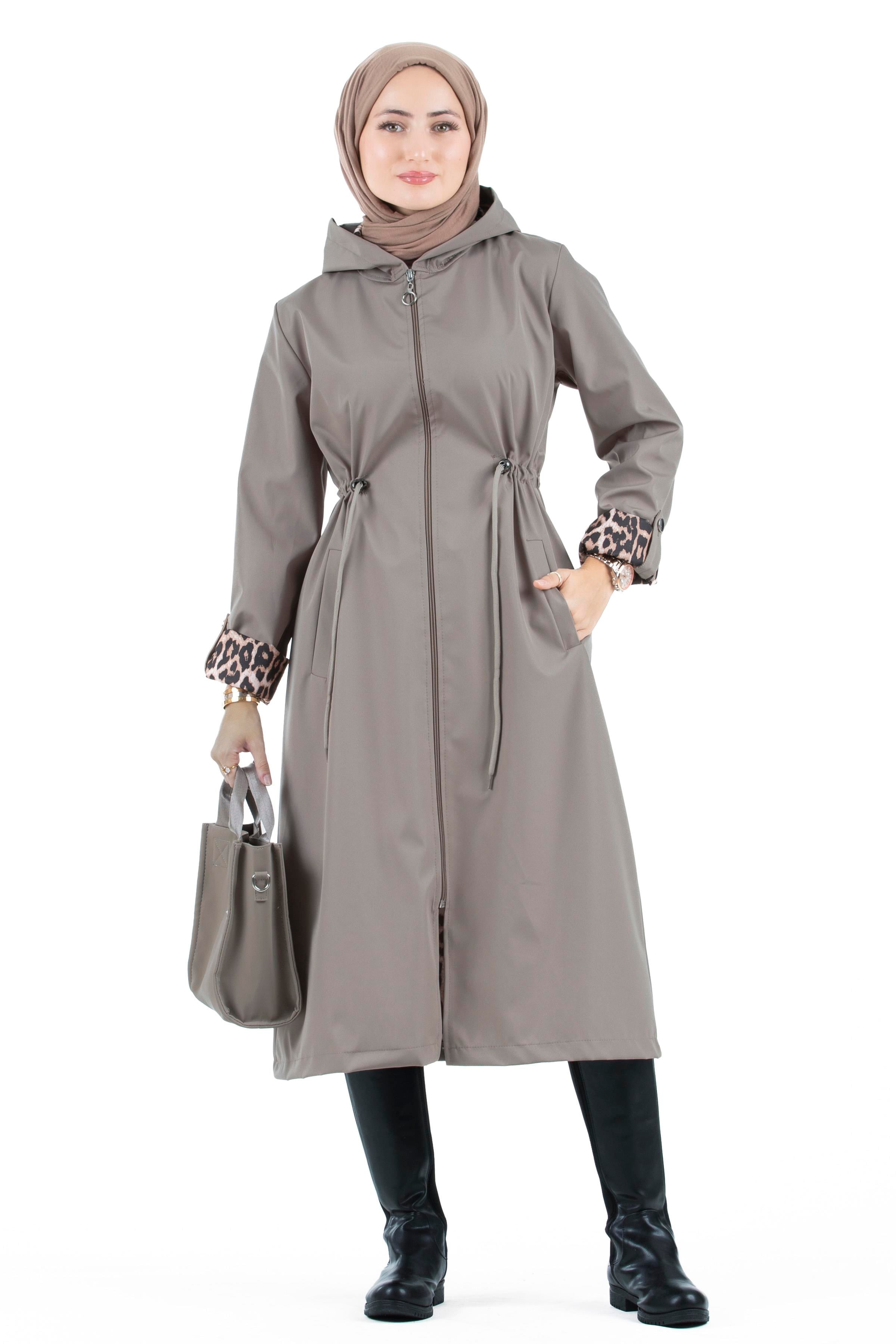 Leopar Detaylı Trençkot-Füme