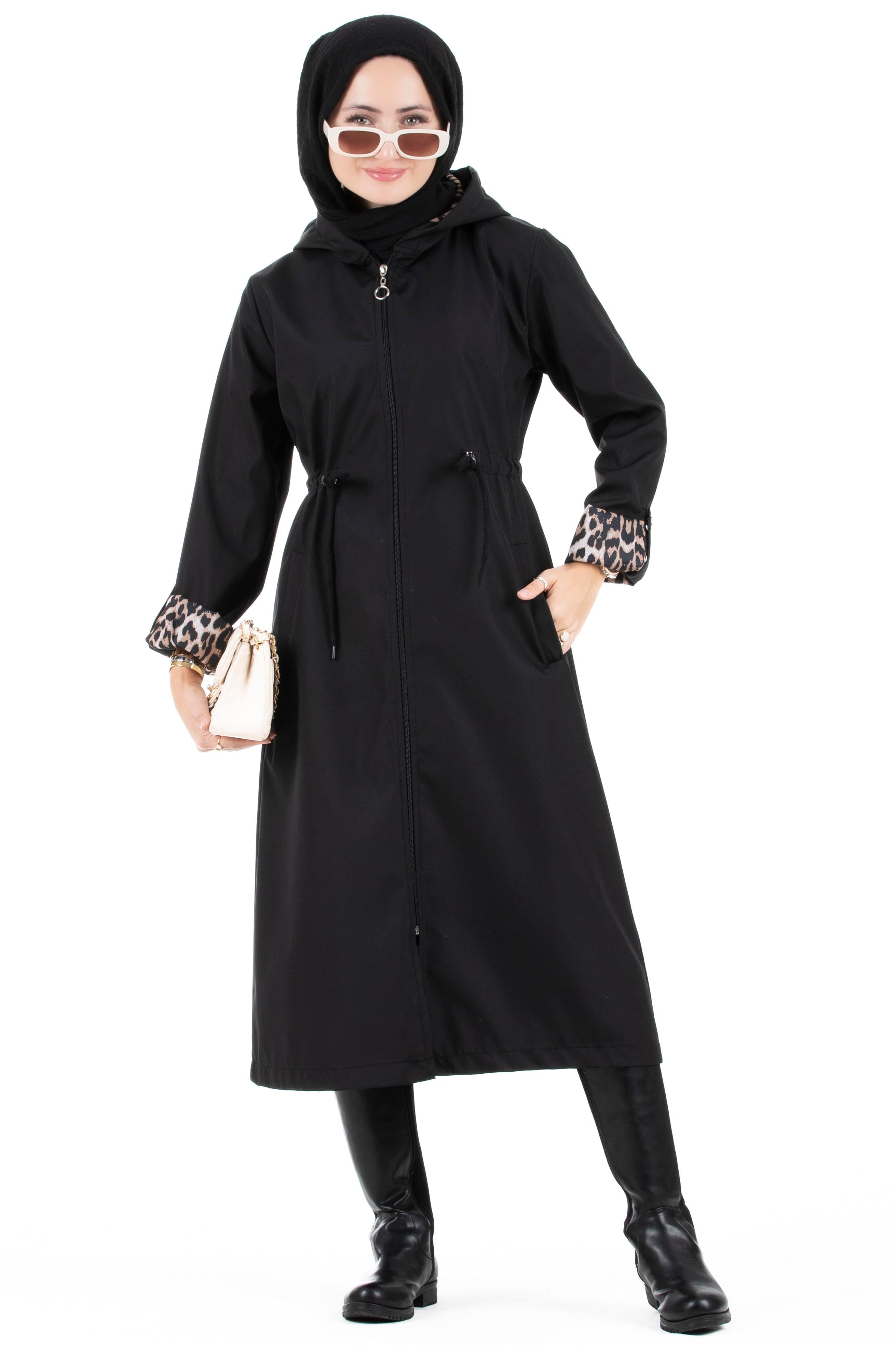 Leopar Detaylı Trençkot-Siyah