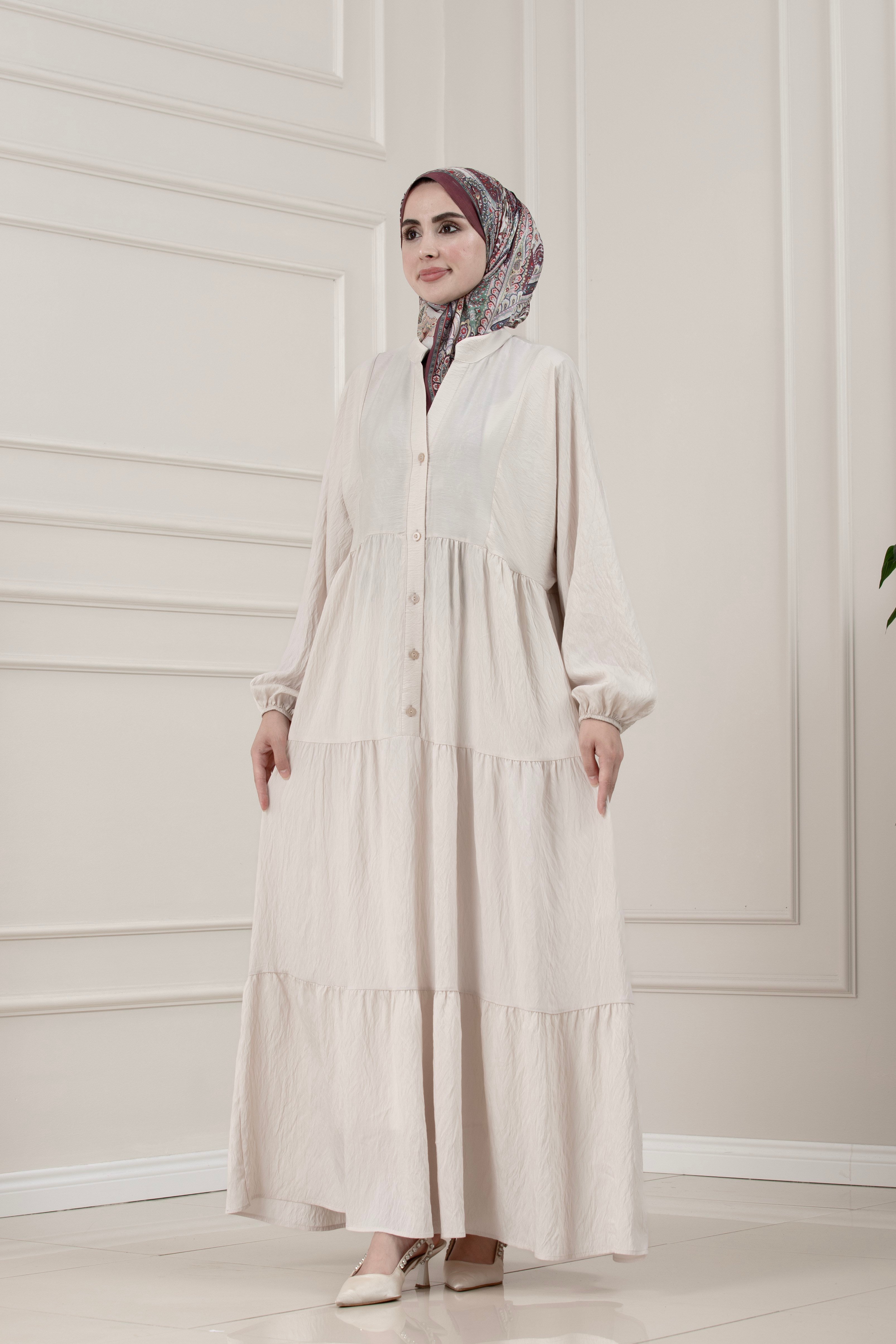 Lilyum Kumaş Robalı Katya Elbise-BEJ