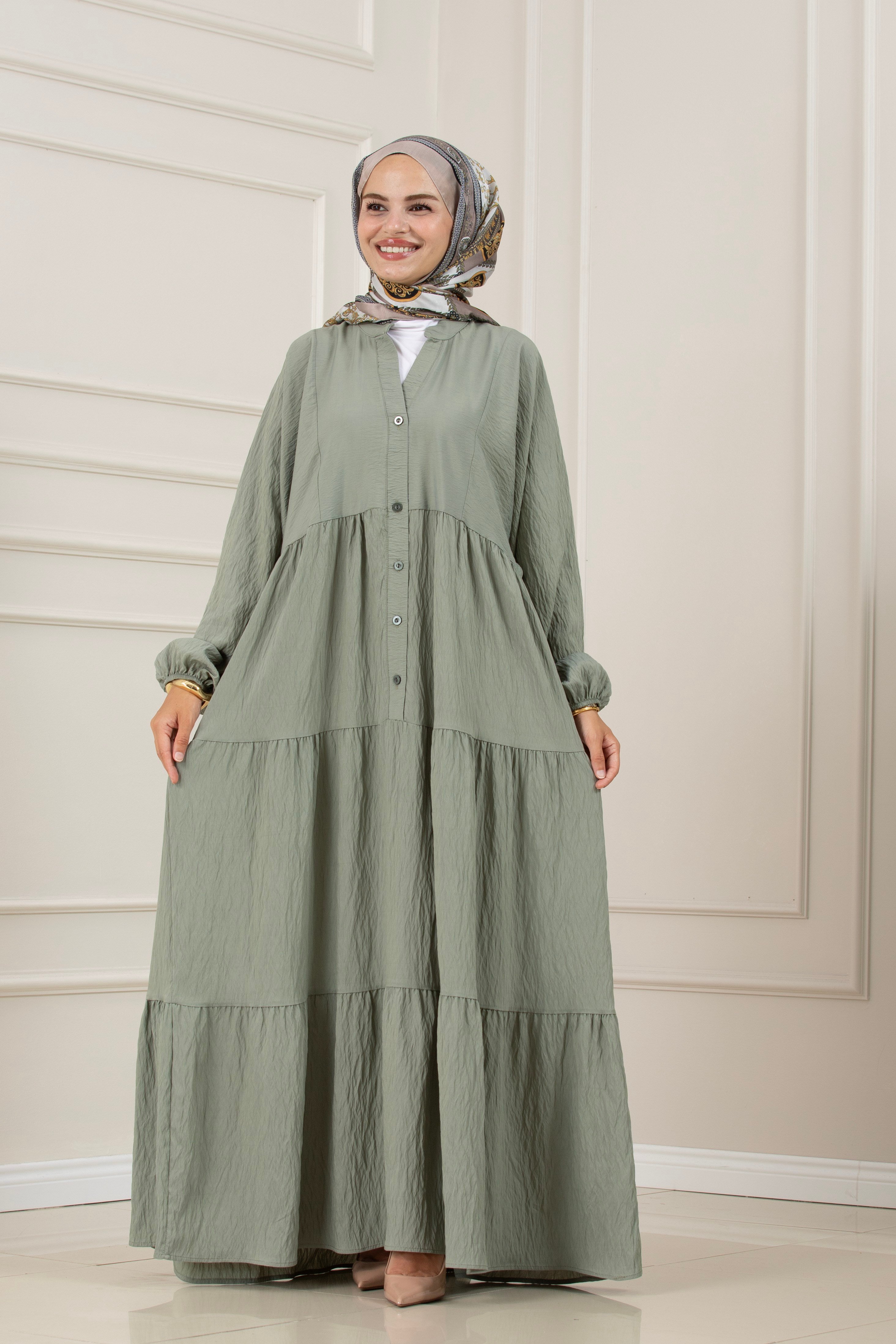 Lilyum Kumaş Robalı Katya Elbise-MİNT YEŞİLİ