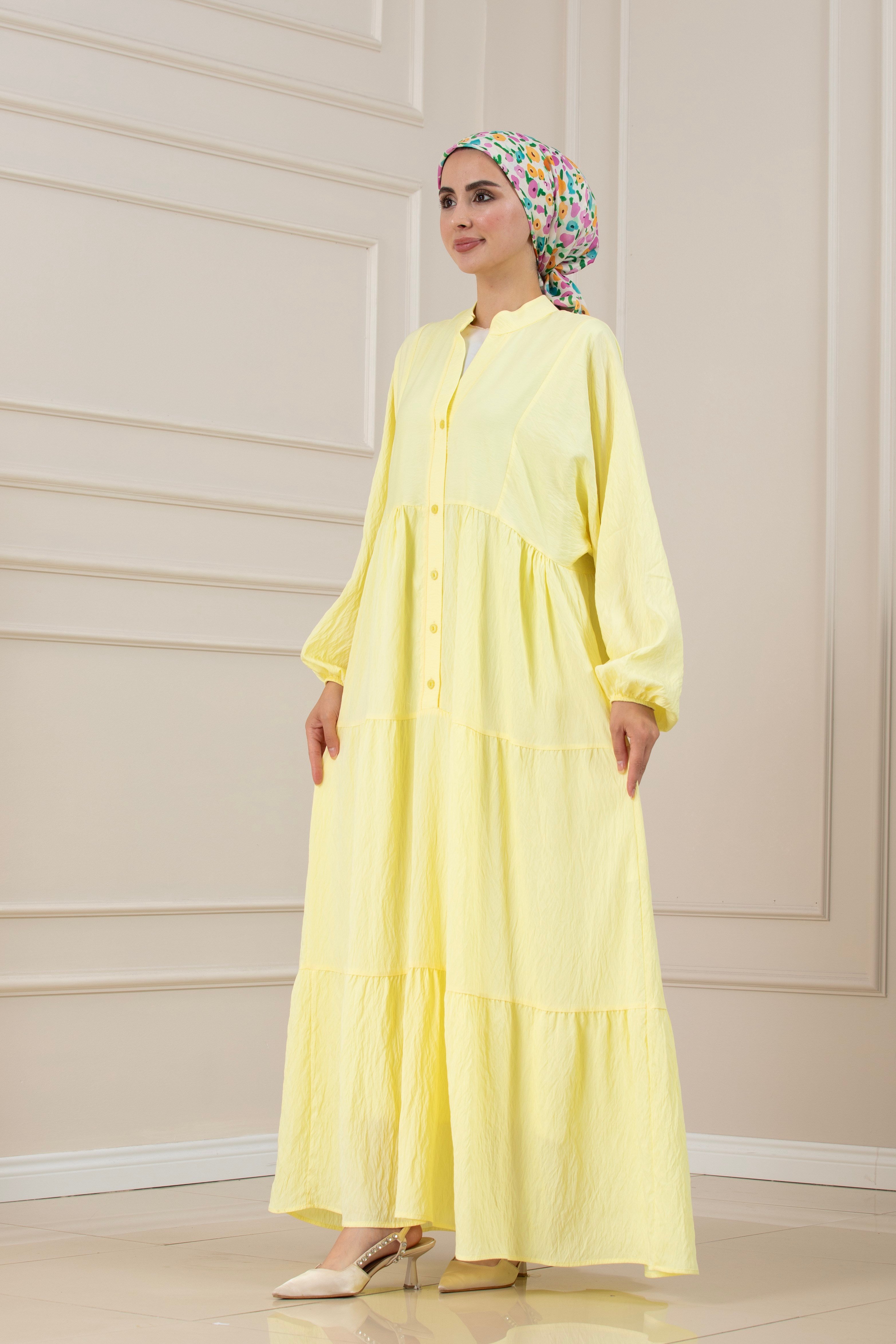Lilyum Kumaş Robalı Katya Elbise-SARI