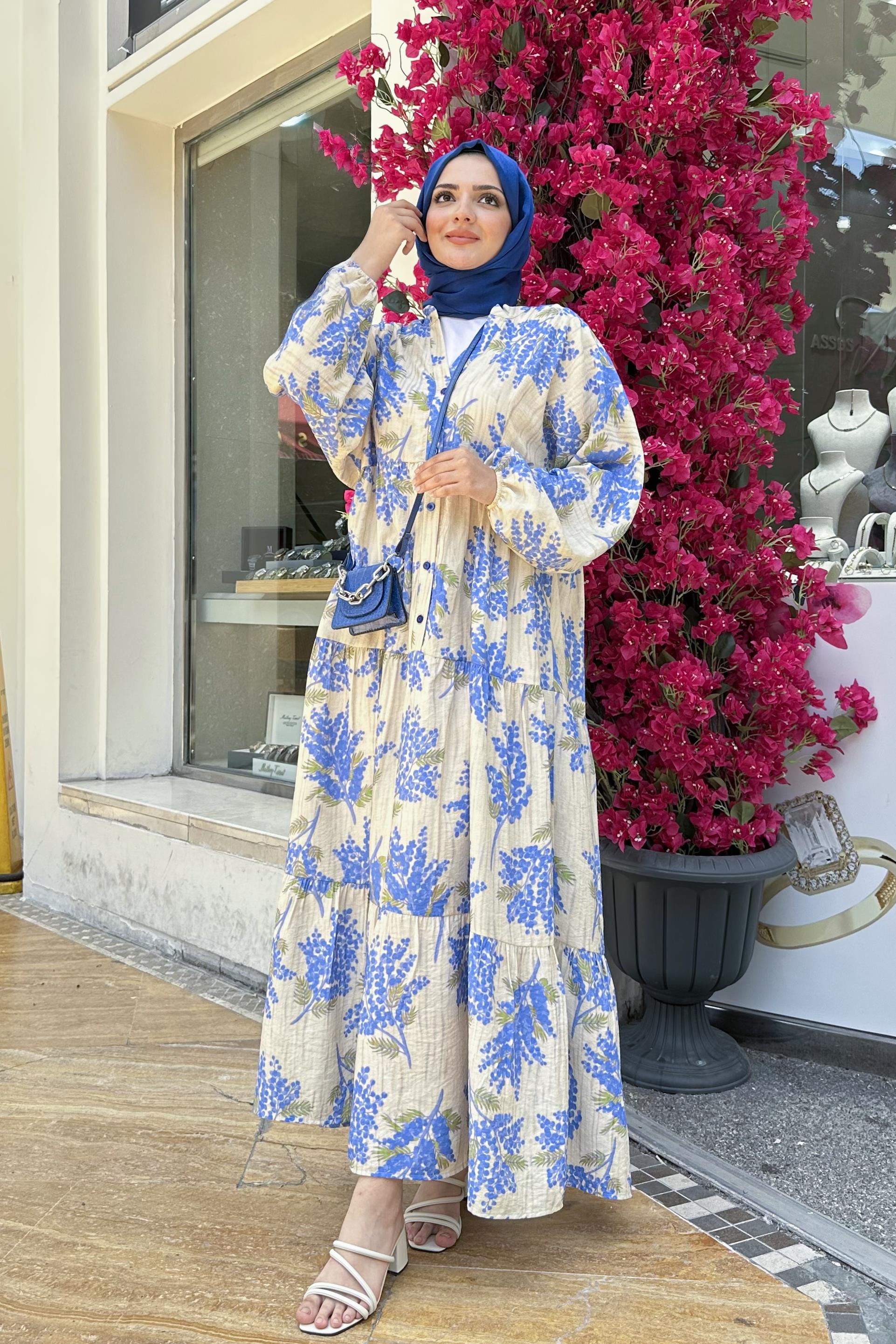 Mimoza Desenli Yarım Düğmeli Robalı Elbise-Mavi