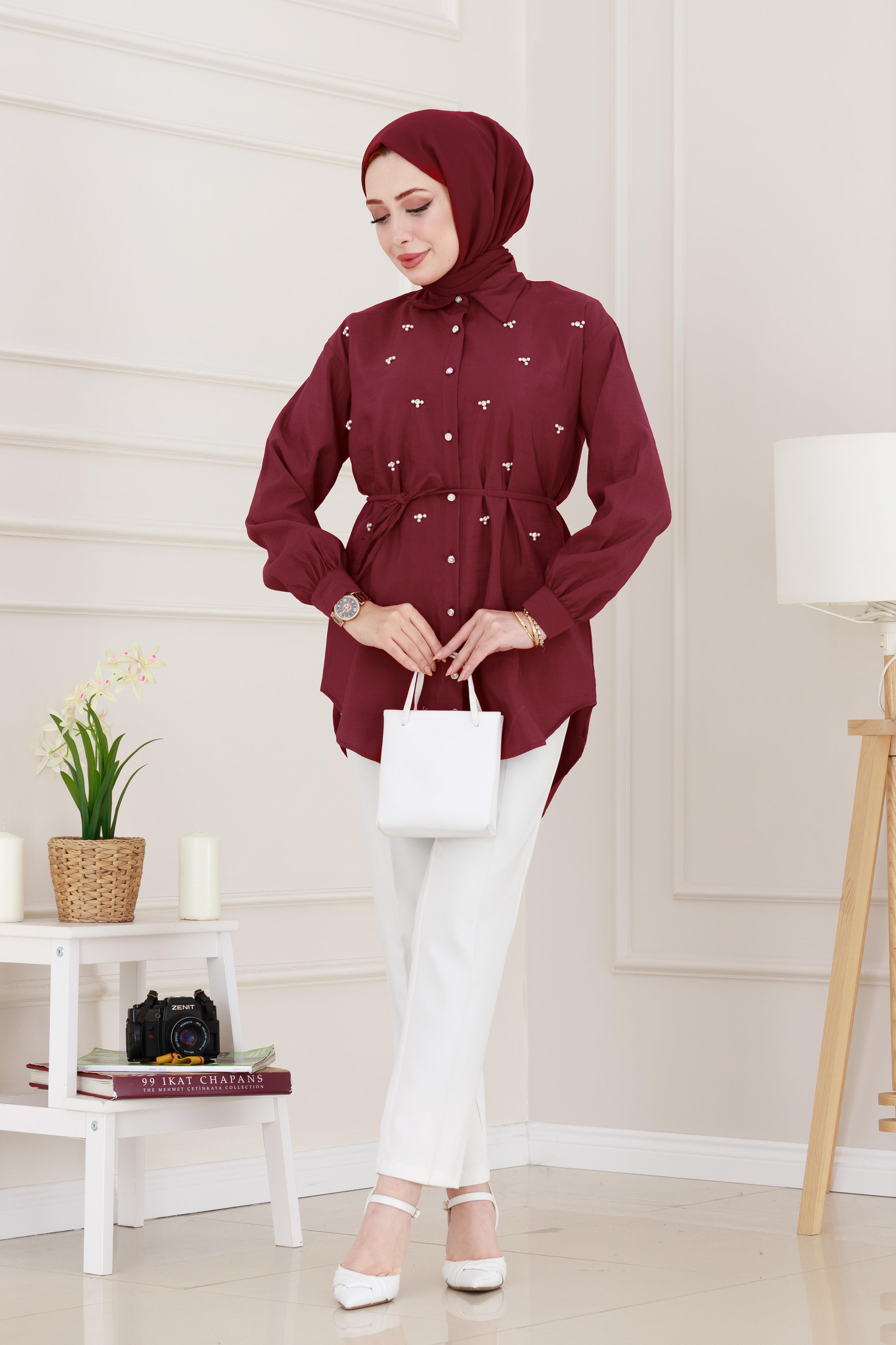 Monako Yaka Taşlı Tunik-Bordo