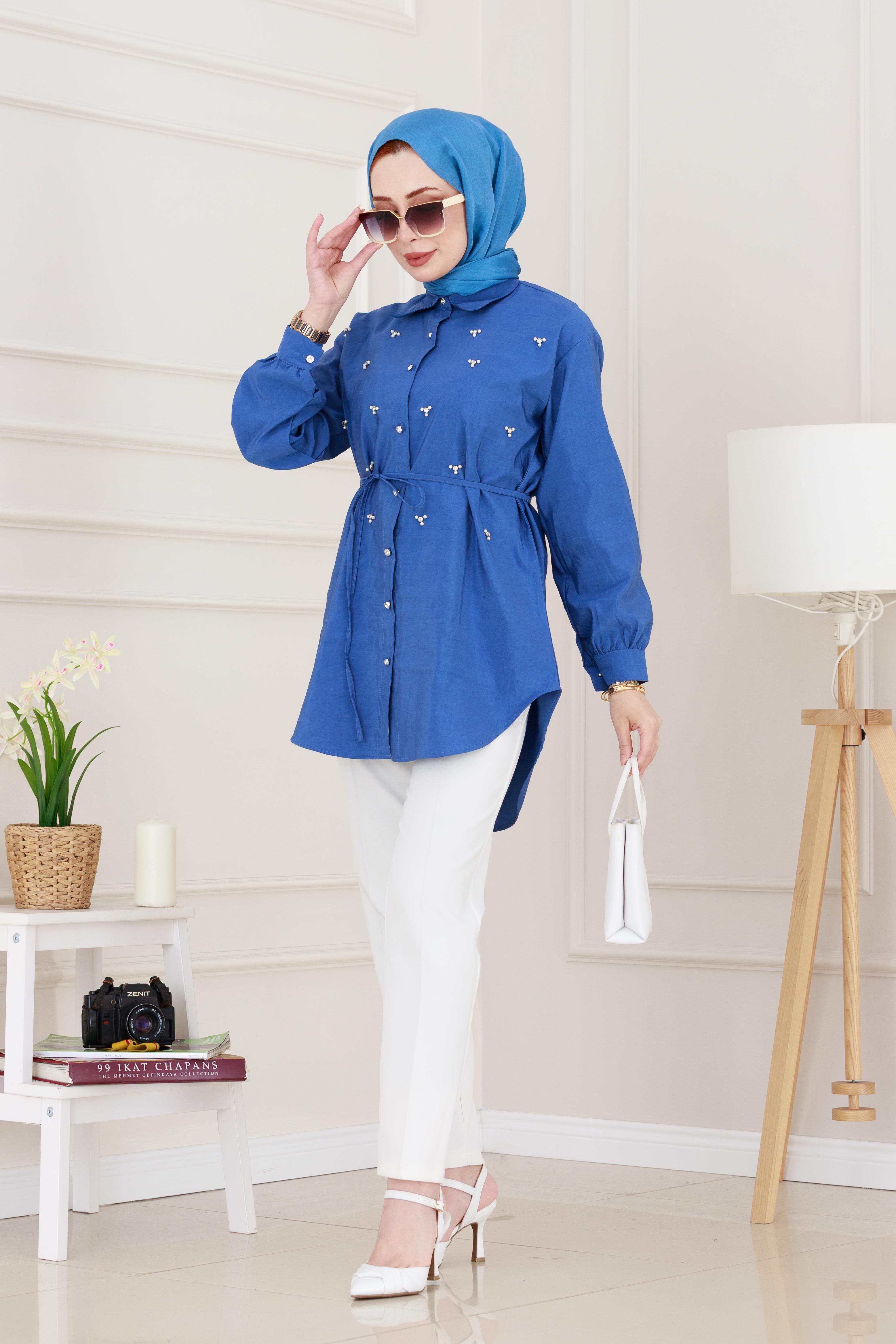 Monako Yaka Taşlı Tunik-Mavi