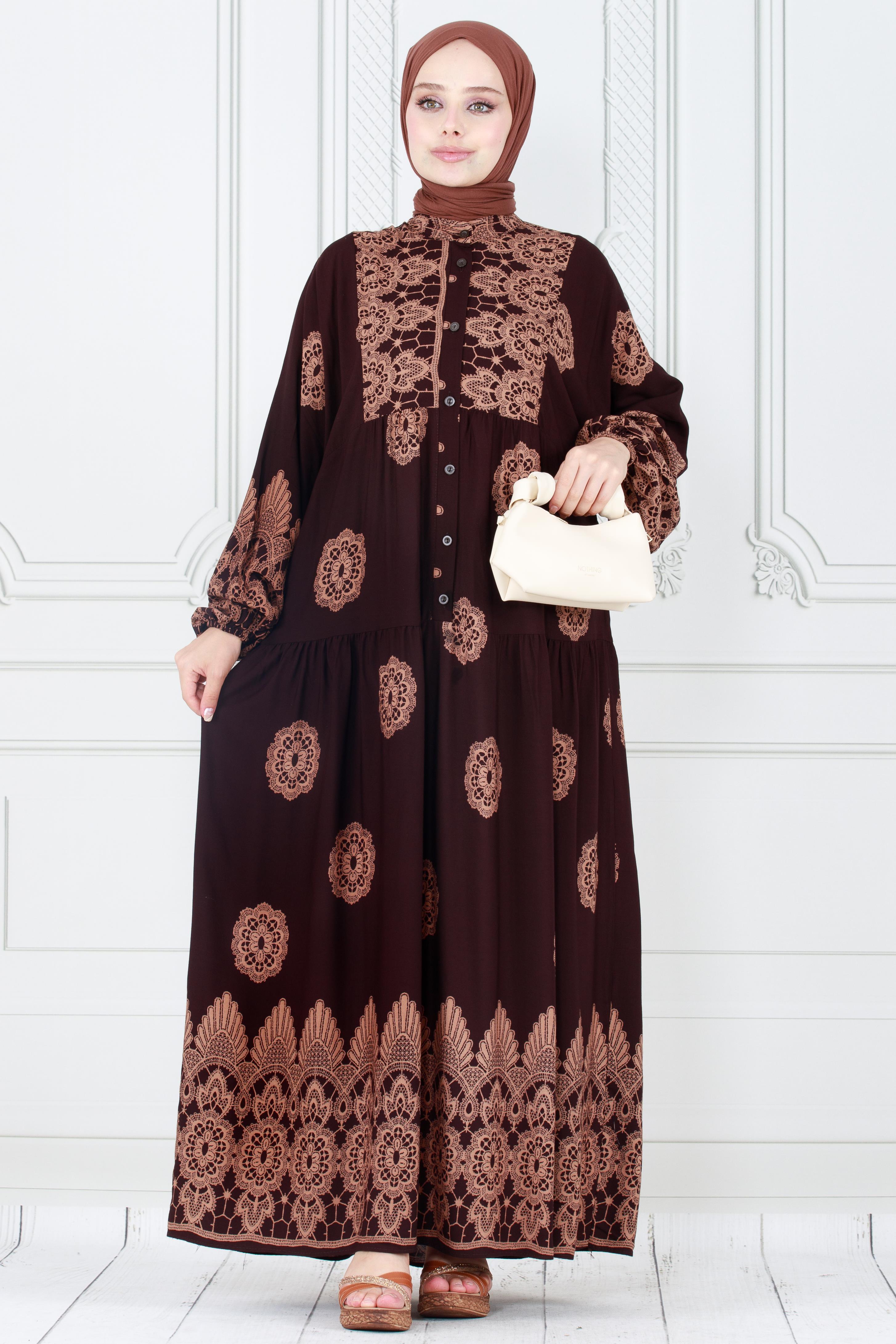 Motif Desen Robalı Viscon Tesettür Elbise-Kahverengi