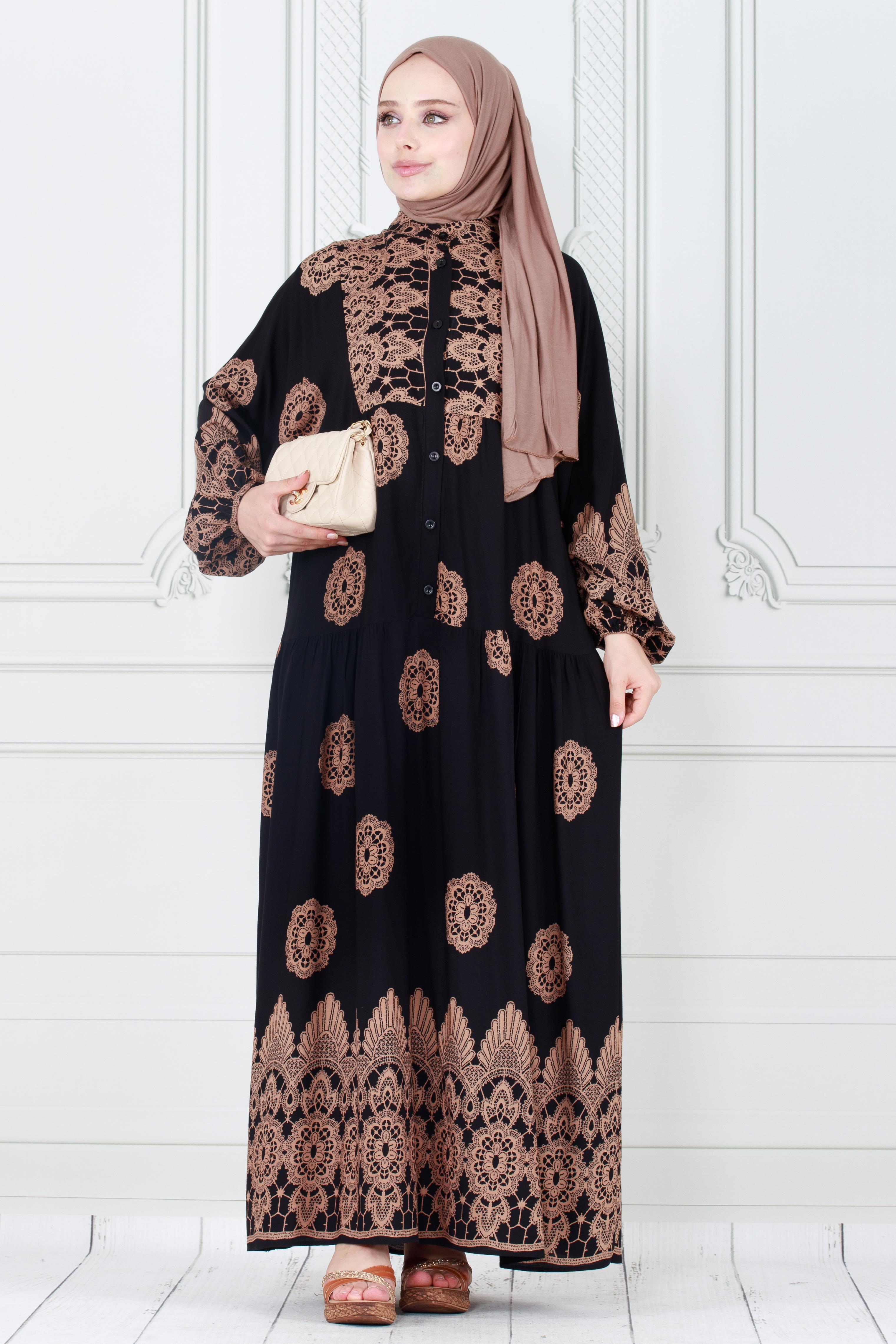 Motif Desen Robalı Viscon Tesettür Elbise-Siyah